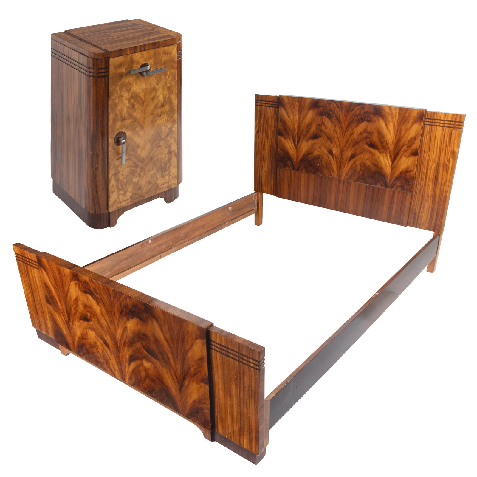 Art Deco Bed and Night Stand Karges Furniture Company: Art Deco Bed and Night Stand Each with exotic wood veneers horizontal carved bands. Night stand: 29in (74cm) h. 18in (46cm) w. 14in (36cm) w. Bearing stamp: Union Made, Local 15 Evansville Ind.