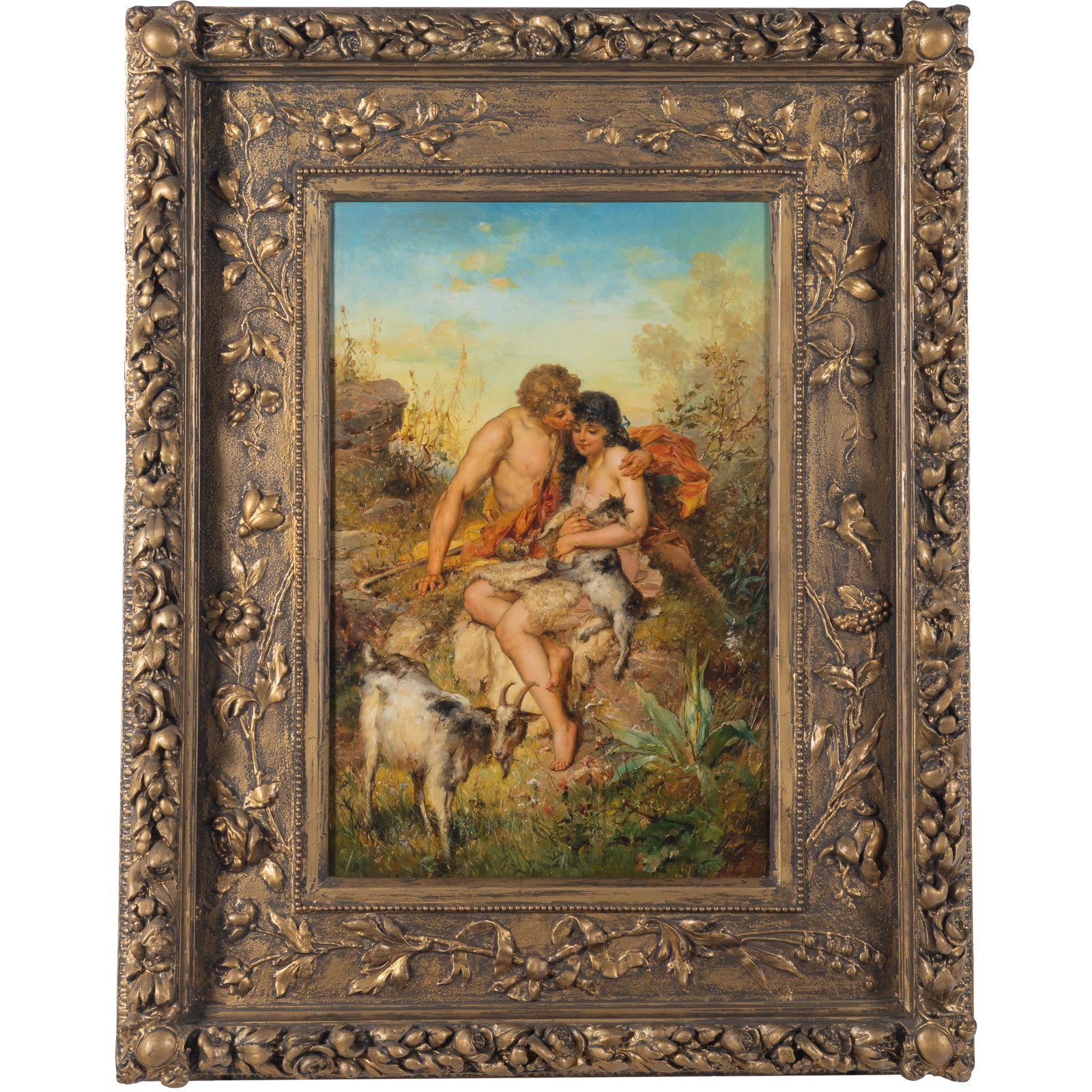 E. Bernard (European, 19th Century).: E. Bernard (European, 19th Century).Arcadia.Oil on panel, signed 'E. Bernard' (lower right), framed.22 3/4 x 14 1/4in. (57.8 x 36.2cm).35 x 27in. (89 x 68.5cm/frame).Provenance: Butterfield & Butterfi