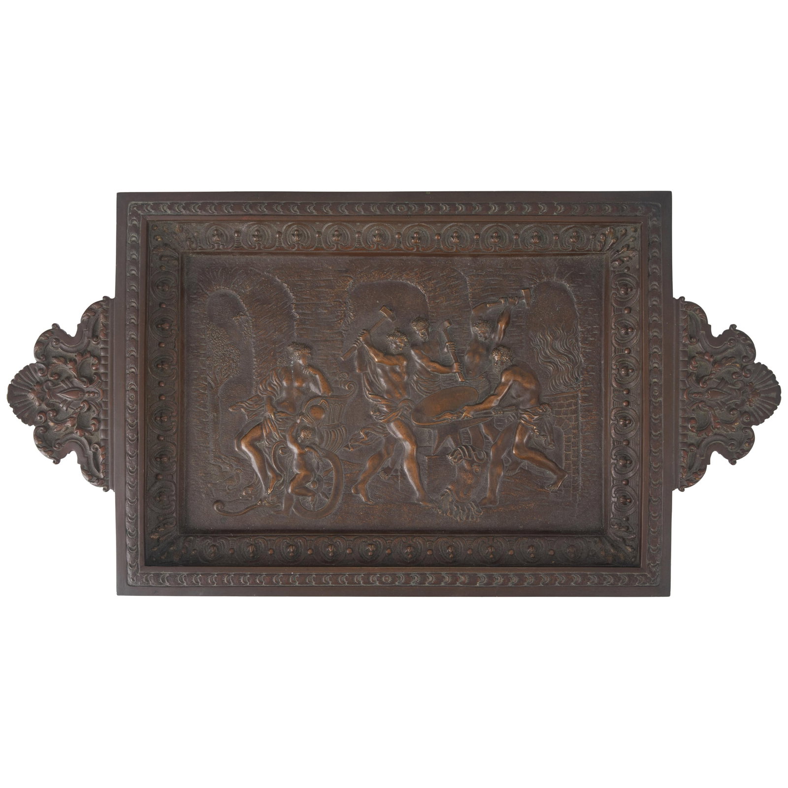 Neoclassical Bronze Tray: Neoclassical Bronze Tray The center relief cast as Classical figures at a forge. 3in (7cm) h. 20in (51cm) w. 10in (25cm) d.