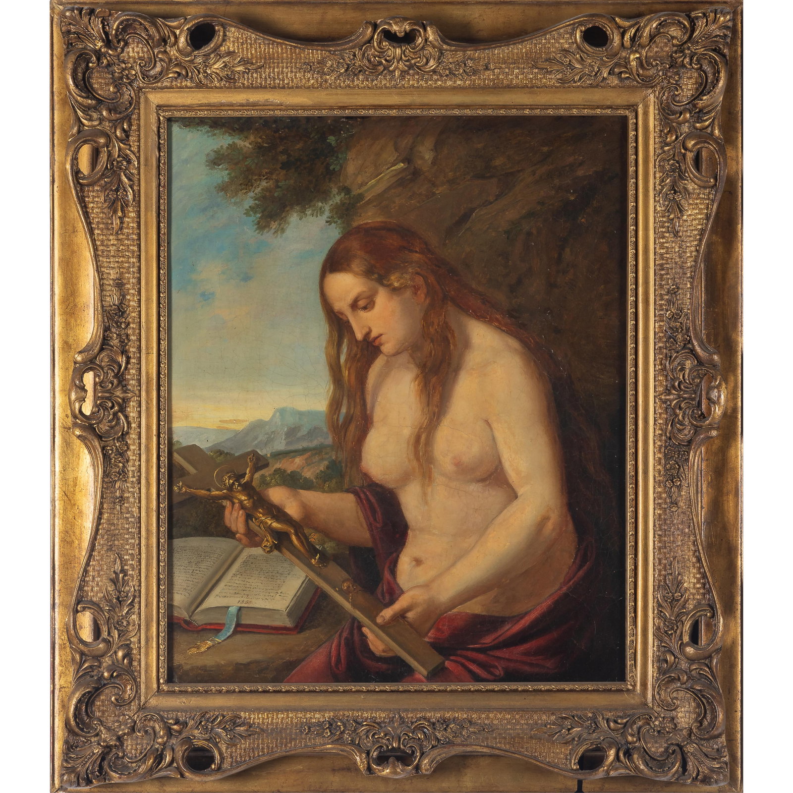 19th Century European Artist.: 19th Century European Artist. Semi-Nude Woman Holding a Cross and Reading the Bible, circa 1850. Oil on canvas. 21 1/2 x 17 1/2in. (54.5 x 44.5cm). 30 1/2 x 26in. (77.5 x 66cm/frame). Provenance: