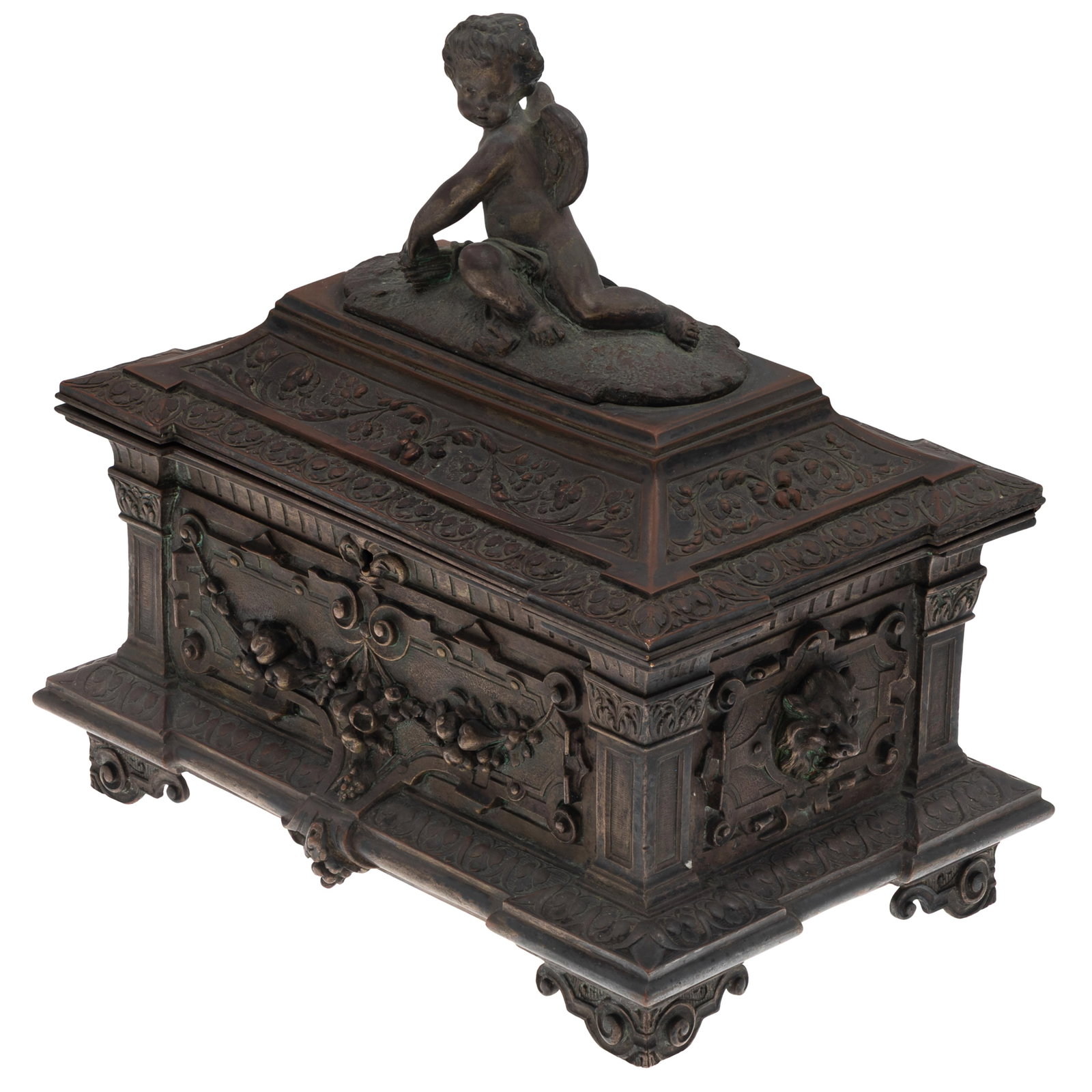 Baroque Style Bronze Table Casket: Baroque Style Bronze Table Casket The box cast with swags on fruited fines and lion's masks surmounted by Cupid with his quiver of arrows. 11in (29cm) h 10in (25cm) w. 7in (18cm) d