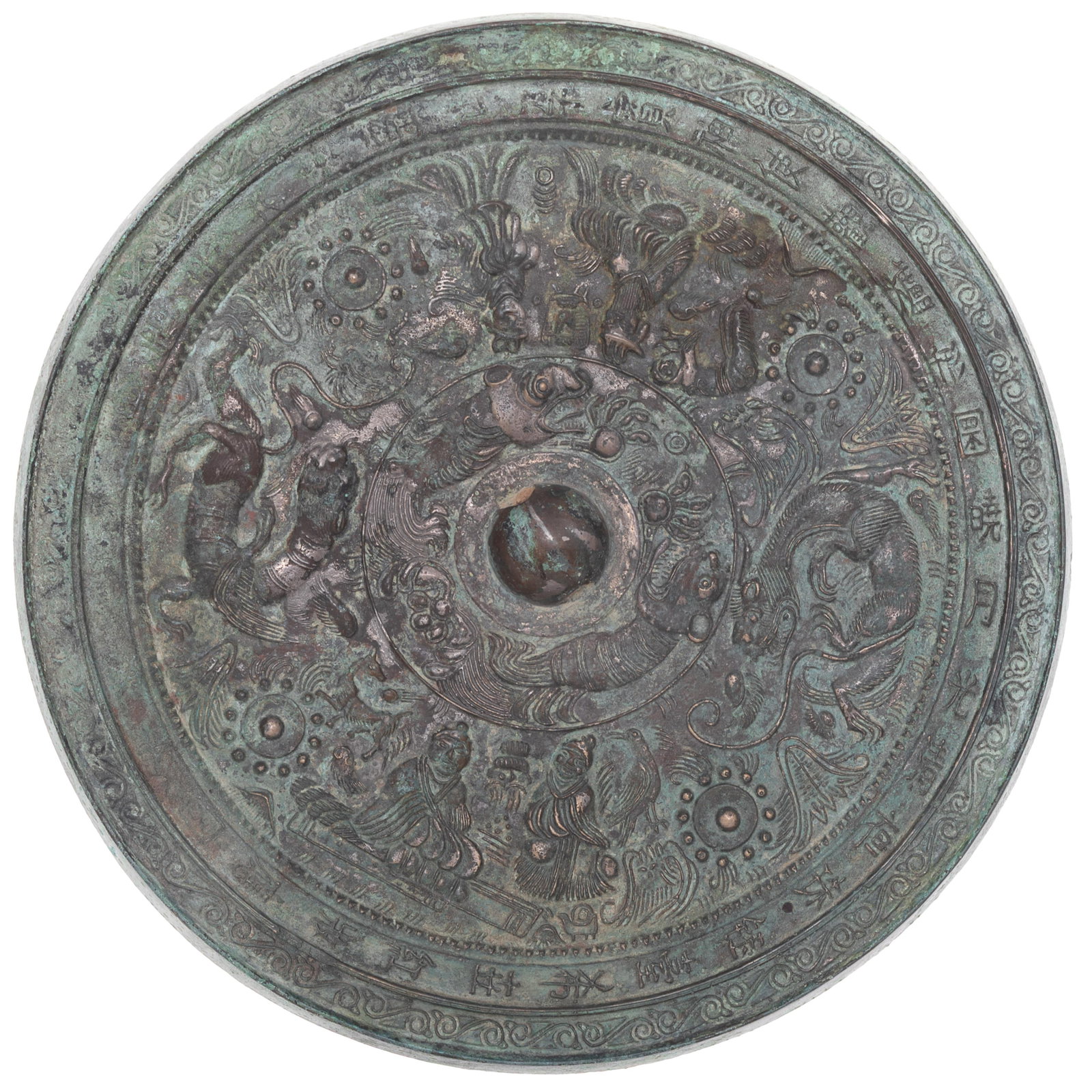 Archaic Bronze Mirror: Archaic Bronze Mirror Tang or later. Cast with Deities and symbolic animals 9 1/2in (24cm) d Provenance: From the Fisher Family Trust, San Francisco