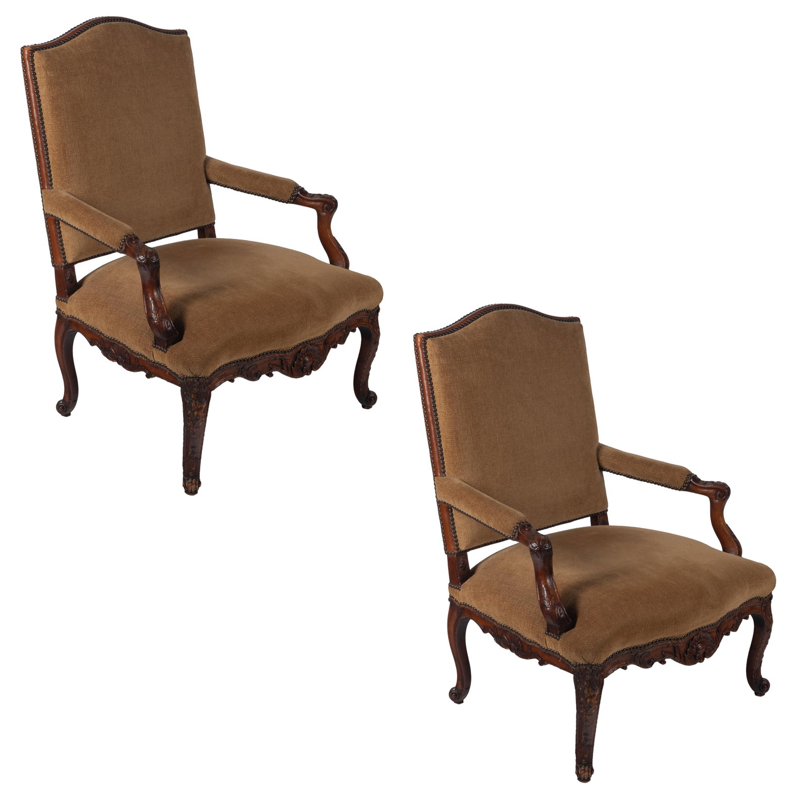 Pair of Louis XV Fauteuils: Pair of Louis XV Fauteuils Each with nail head trimmed raked back over padded arms ending in acanthus and bell flower carved terminals and a capacious seat, the rail carved with scrolling acanthus