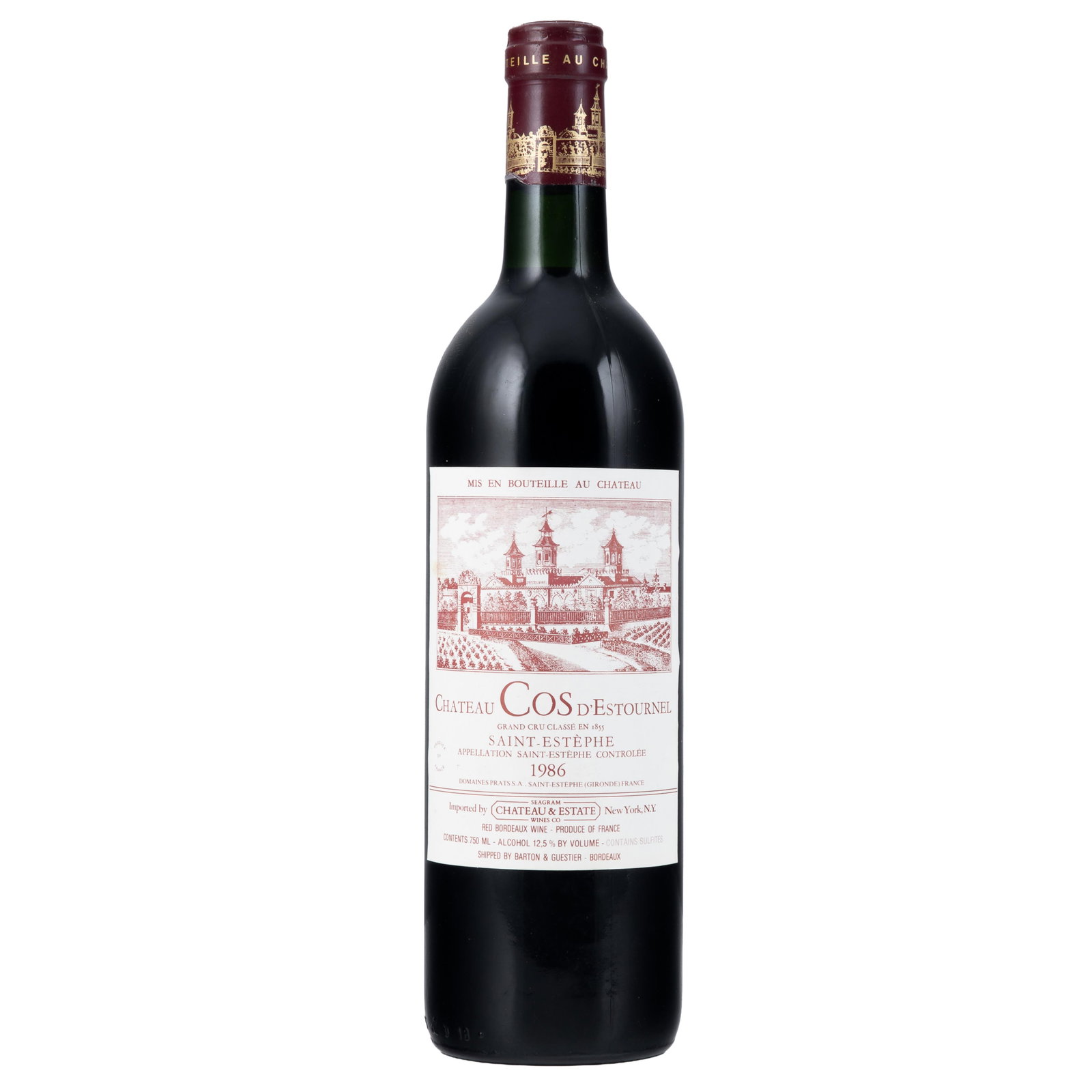 1986 Chateau Cos dEstournel: 1986 Chateau Cos dEstournelSaint-Estephe, France10 bottles (75cl) per lot (owc)Condition: Ullage bottom of neck or above. Label good. One capsule torn.All wine is sold 'as-is,' with no guarantees rega