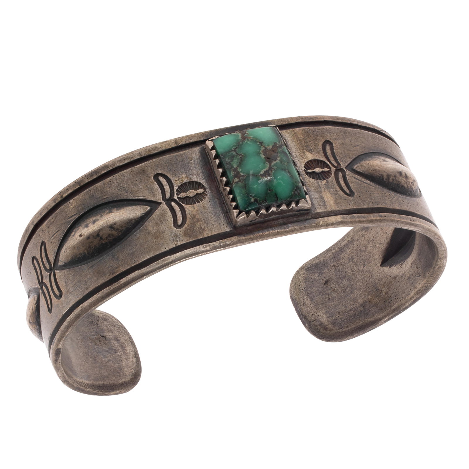 Old Pawn Turquoise, Coin Silver Cuff Bracelet, RIO: Old Pawn Turquoise, Coin Silver Cuff Bracelet, RIO The coin silver cuff centering a rectangular turquoise cabochon accented by repousse and stamp work, measuring approximately 0.85 inches in width, in