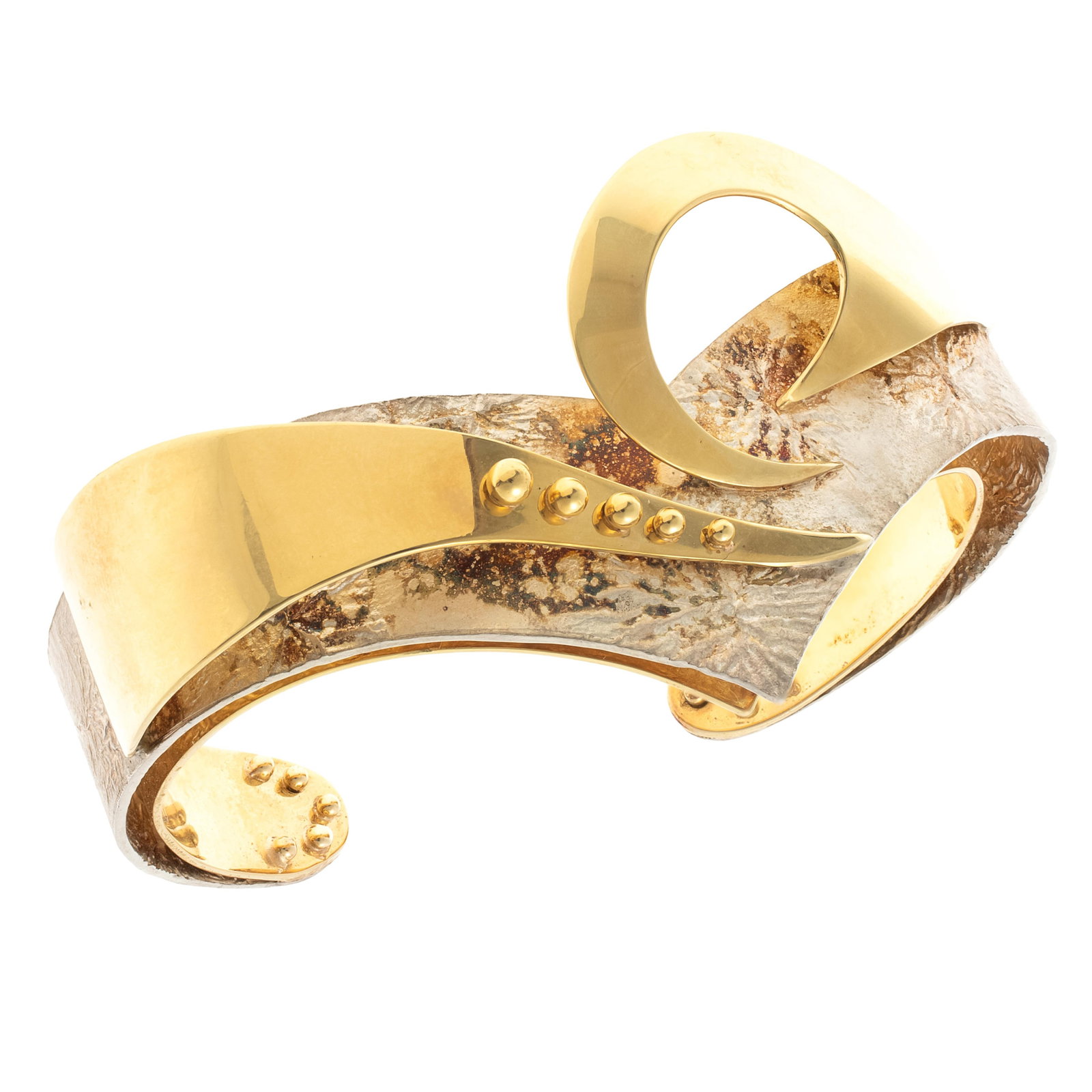 Laurie Lyall, 18k, Sterling Silver Cuff Bracelet: Laurie Lyall, 18k, Sterling Silver Cuff Bracelet The sculptural, anticlastic cuff bracelet centering textured sterling silver framed by 18k yellow gold, measuring approximately 35.6 mm (1.40 in) in wi
