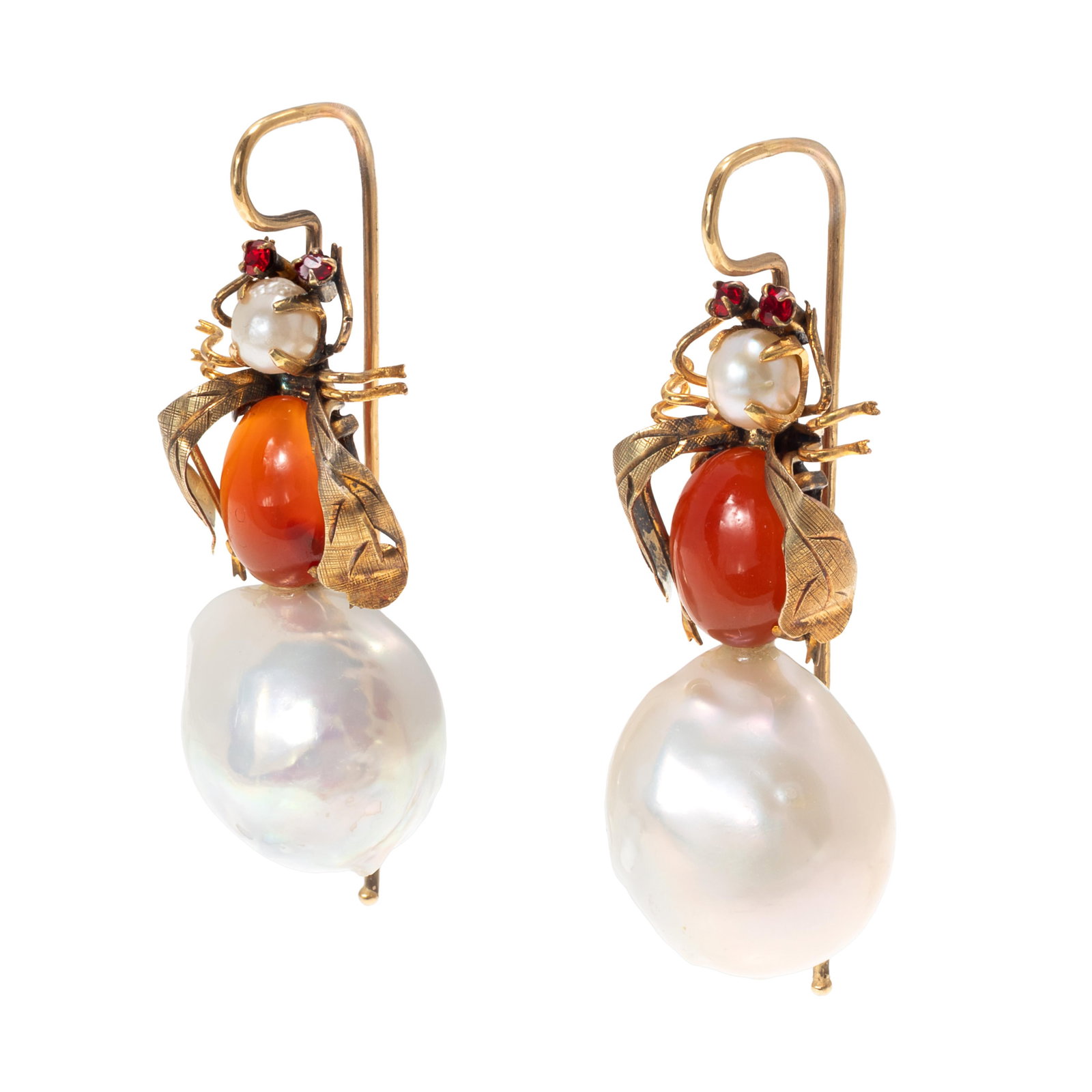 Pair of Carnelian Agate, Cultured Pearl, 14k, Gold-Tone Insect Earrings: Pair of Carnelian Agate, Cultured Pearl, 14k, Gold-Tone Insect Earrings Designed as an insect, the thorax one oval carnelian agate cabochon, the head and abdomen each one baroque cultured pearl, the e
