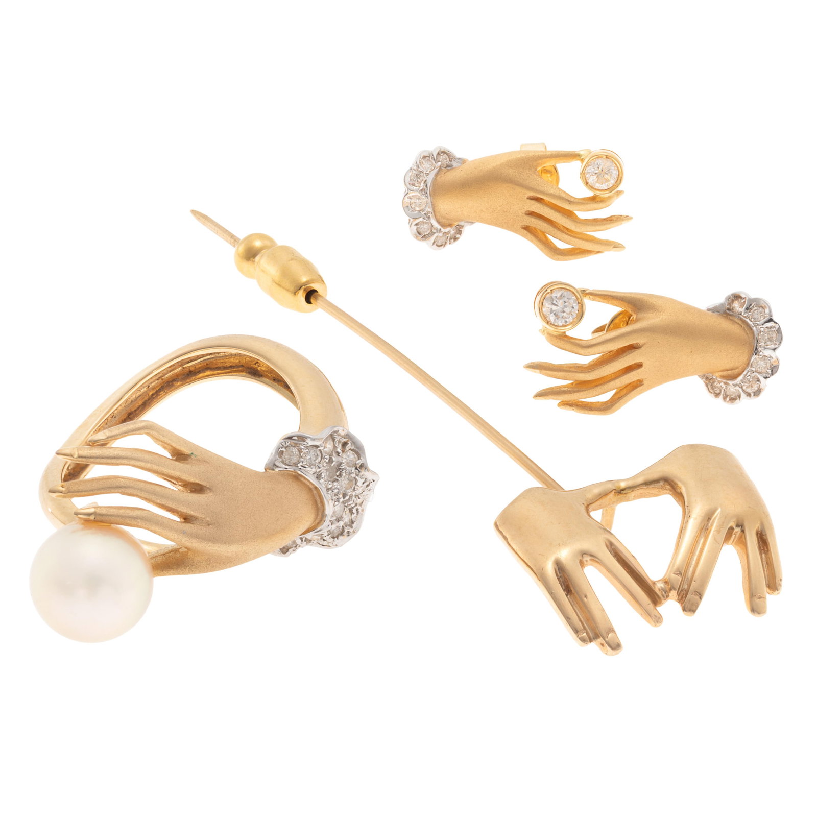 Diamond, Cultured Pearl, 14k Jewelry Suite: Diamond, Cultured Pearl, 14k Jewelry Suite Including a ring designed as a hand holding an approximately 7.7 mm, round cultured pearl and accented by a white gold, diamond cuff, set in a 14k yellow gol