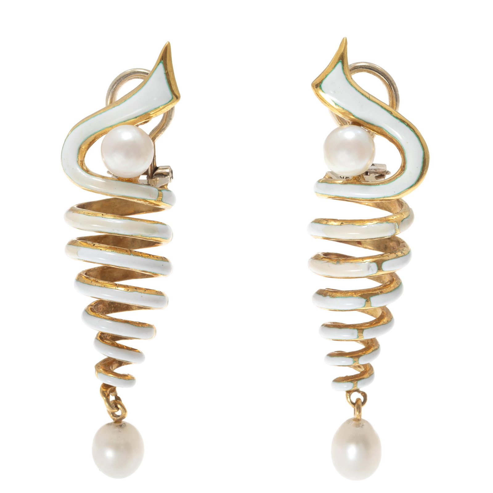 Pair of Cultured Pearl, Enamel, 18k Ear Clips: Pair of Cultured Pearl, Enamel, 18k Ear Clips Featuring one round cultured pearl and one freshwater pearl drop, set in an 18k yellow gold ear clip mounting highlighted by white enamel, each earring me