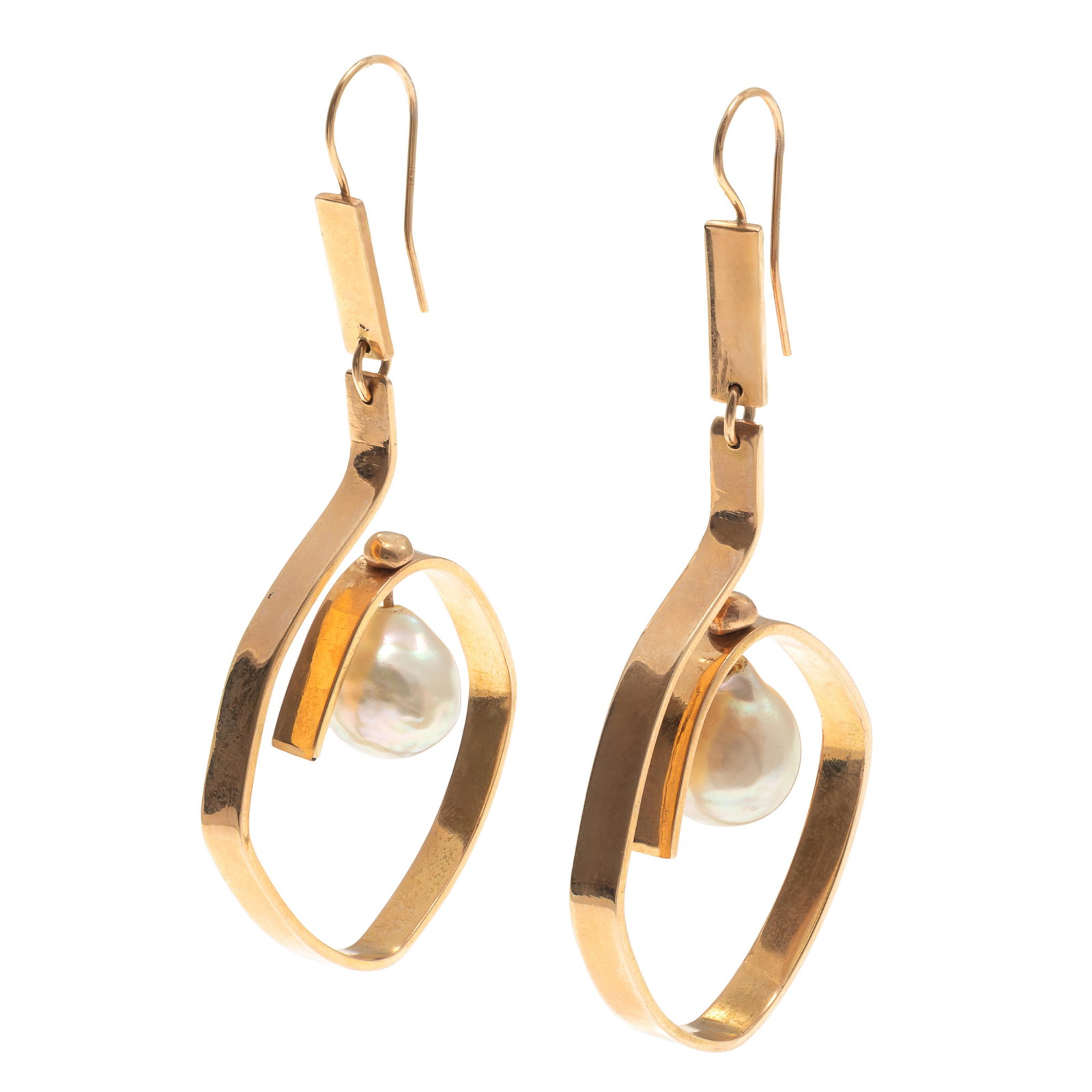 Pair of Cultured Pearl, 14k Yellow Gold Earrings: Pair of Cultured Pearl, 14k Yellow Gold Earrings Designed as a baroque cultured pearl measuring approximately 10.7 mm, suspended in a 14k yellow gold mounting, each earring measuring approximately 2.7