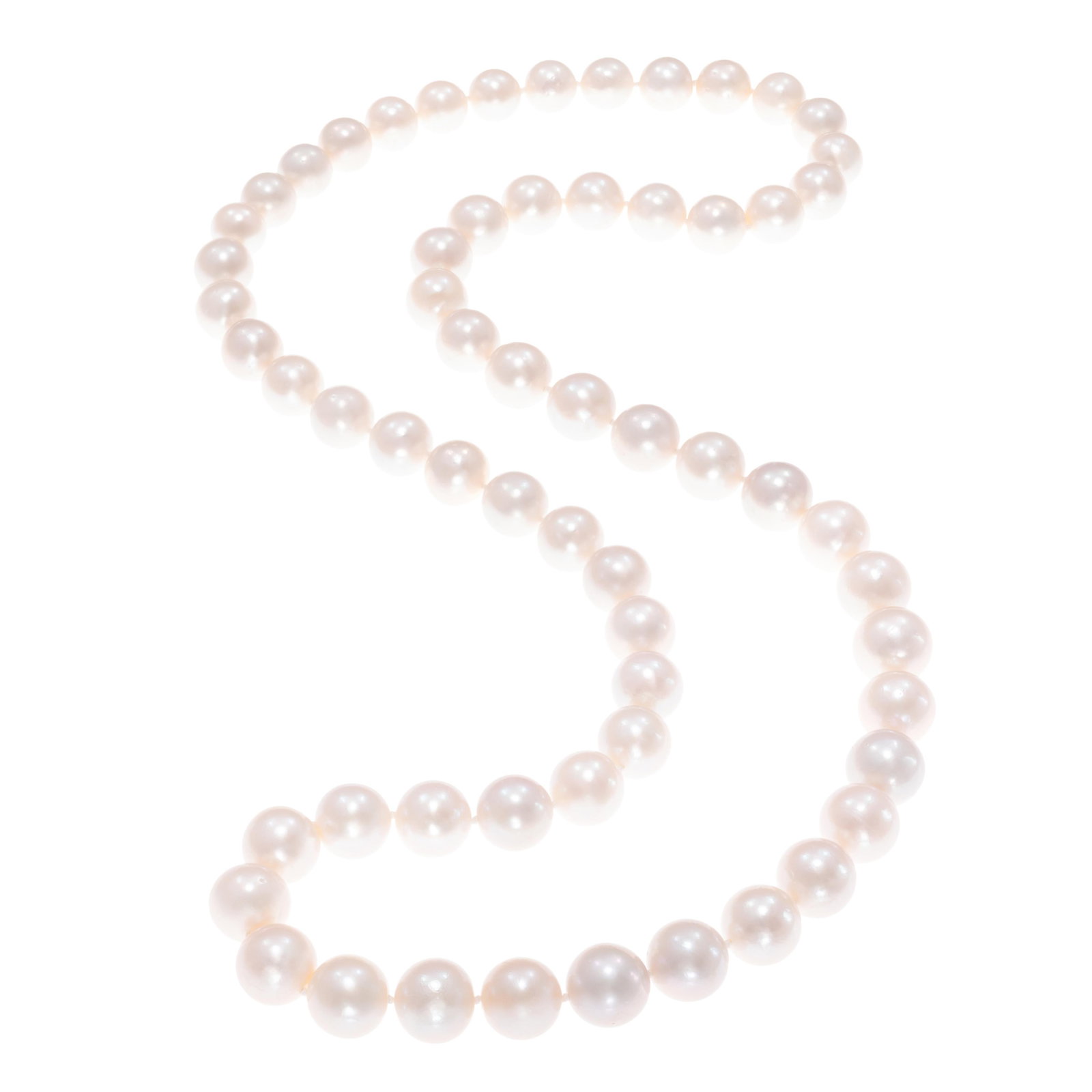 South Sea Cultured Pearl Necklace: South Sea Cultured Pearl Necklace Composed of sixty-two round to slightly off-round cultured South Sea pearls measuring from approximately 14.5 to 12.0 mm, forming a continuous 32 inch necklace. Gross