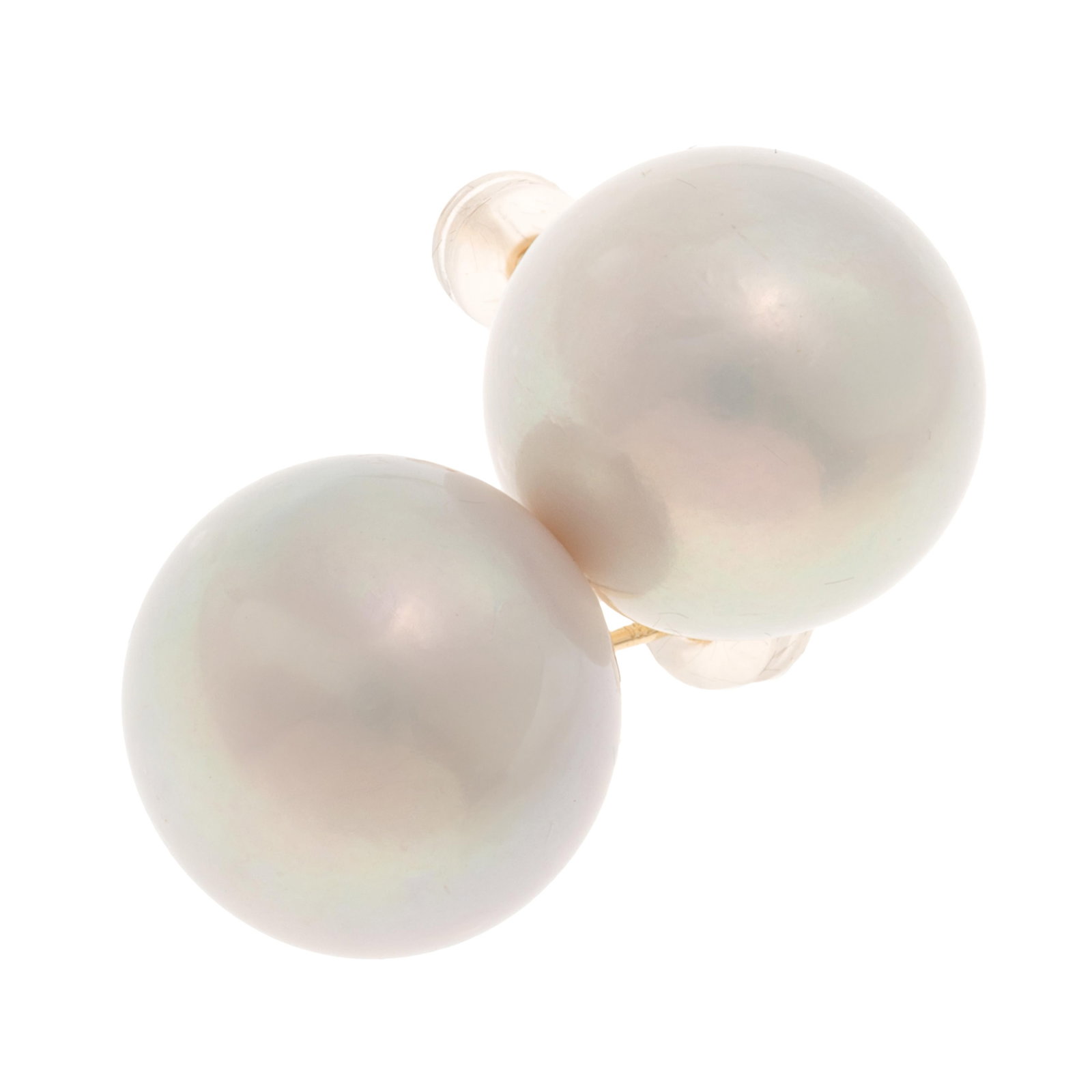 Pair of South Sea Cultured Pearl, 18k Earrings: Pair of South Sea Cultured Pearl, 18k Earrings Each featuring one round South Sea cultured pearl measuring approximately 14.5 mm, set in 18k yellow gold post-style earring mountings. Gross weight: 9.1