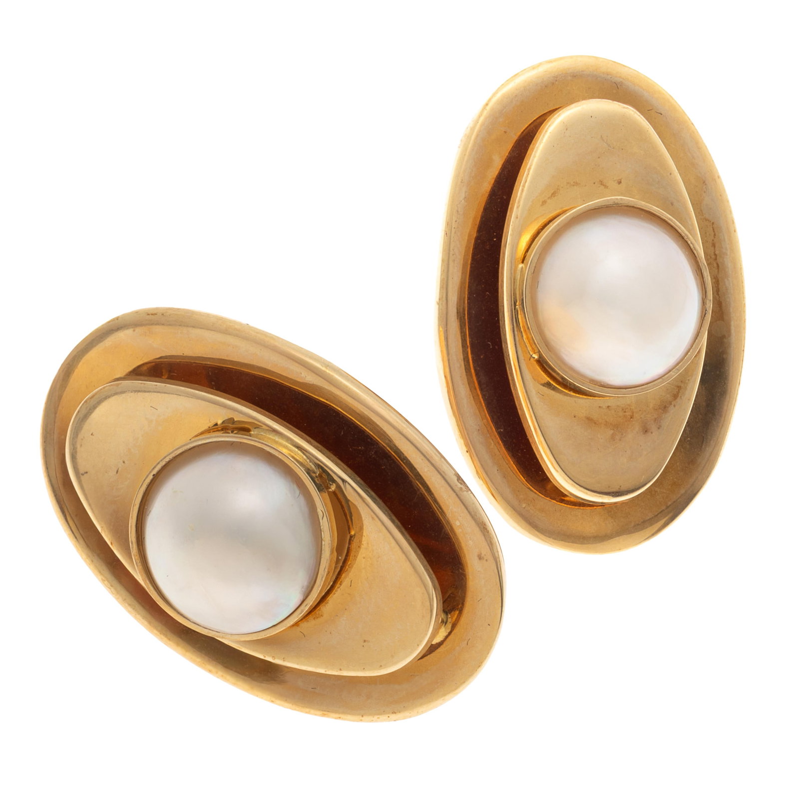 Pair of Mabe Cultured Pearl, 14k Earrings: Pair of Mabe Cultured Pearl, 14k Earrings Centering a round mabe cultured pearl measuring approximately 10.0 mm, set in an oval, 14k yellow gold earring mounting, each measuring approximately 1.20 x 0