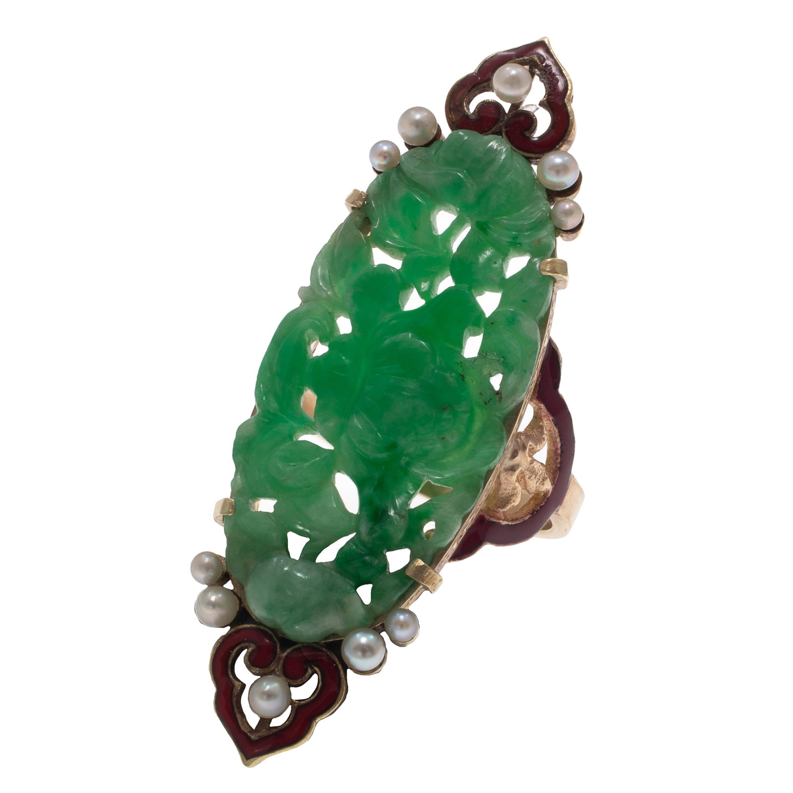 Jade, Seed Pearl, Enamel, 14k Ring: Jade, Seed Pearl, Enamel, 14k Ring Centering an oval, carved and pierced jade plaque measuring approximately 30.7 x 15.0 mm, accented by ten cultured pearls, further accented by red enamel, set in a 1
