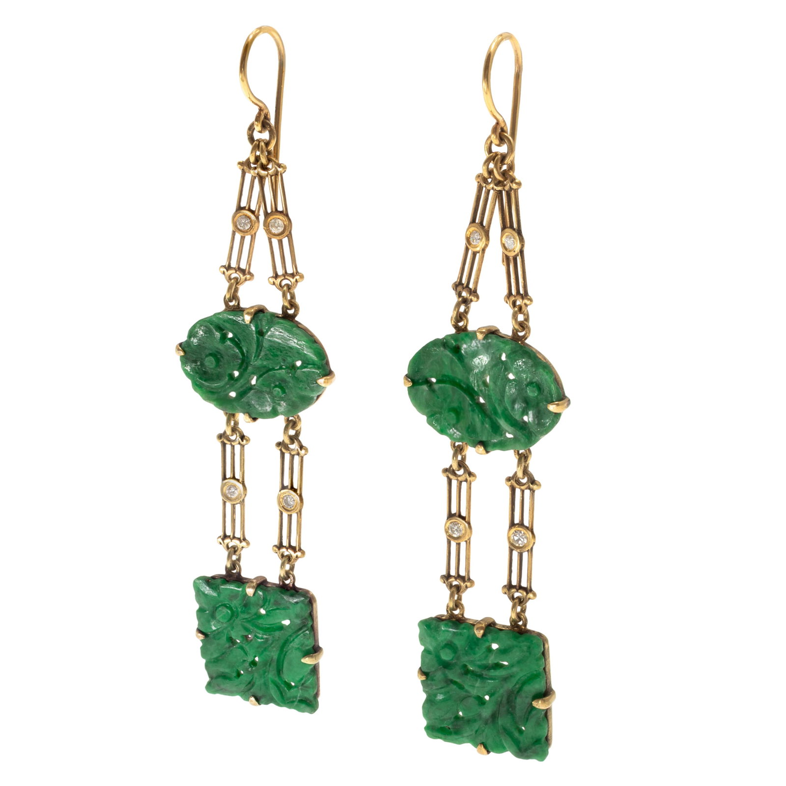 Pair of Jade, Diamond, 14k Yellow Gold Earrings: Pair of Jade, Diamond, 14k Yellow Gold Earrings Each designed as two carved and pierced jade plaques accented by four full-cut diamonds weighing a total of approximately 0.10 cttw., set in a 14k yello