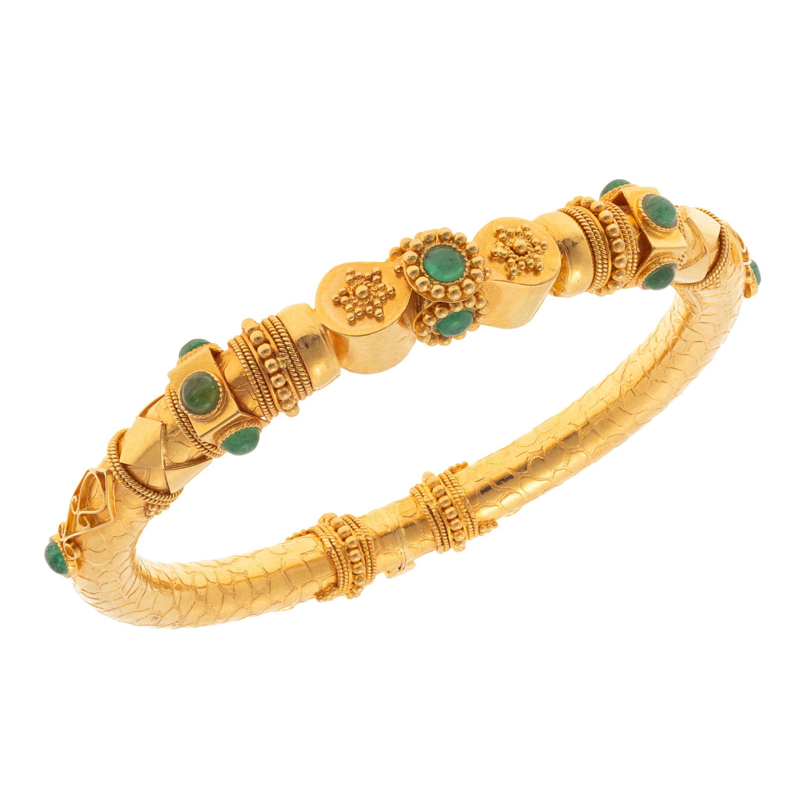 Emerald, 22k Yellow Gold Bracelet: Emerald, 22k Yellow Gold Bracelet Featuring eleven round emerald cabochons measuring from approximately 3.70 to 3.40 mm, set in a hinged, textured and applied wirework 22k yellow gold bracelet mountin