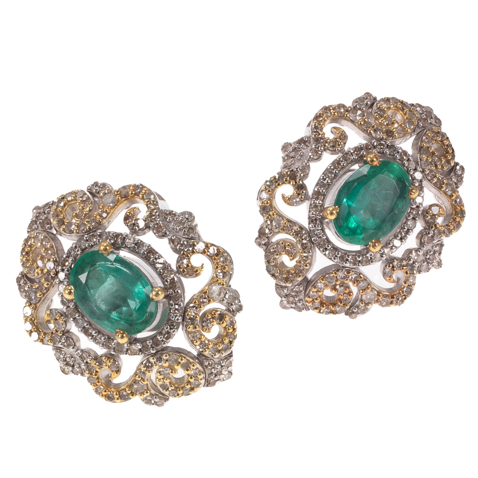 Pair of Emerald, Diamond, Silver Earrings (1 of 5)