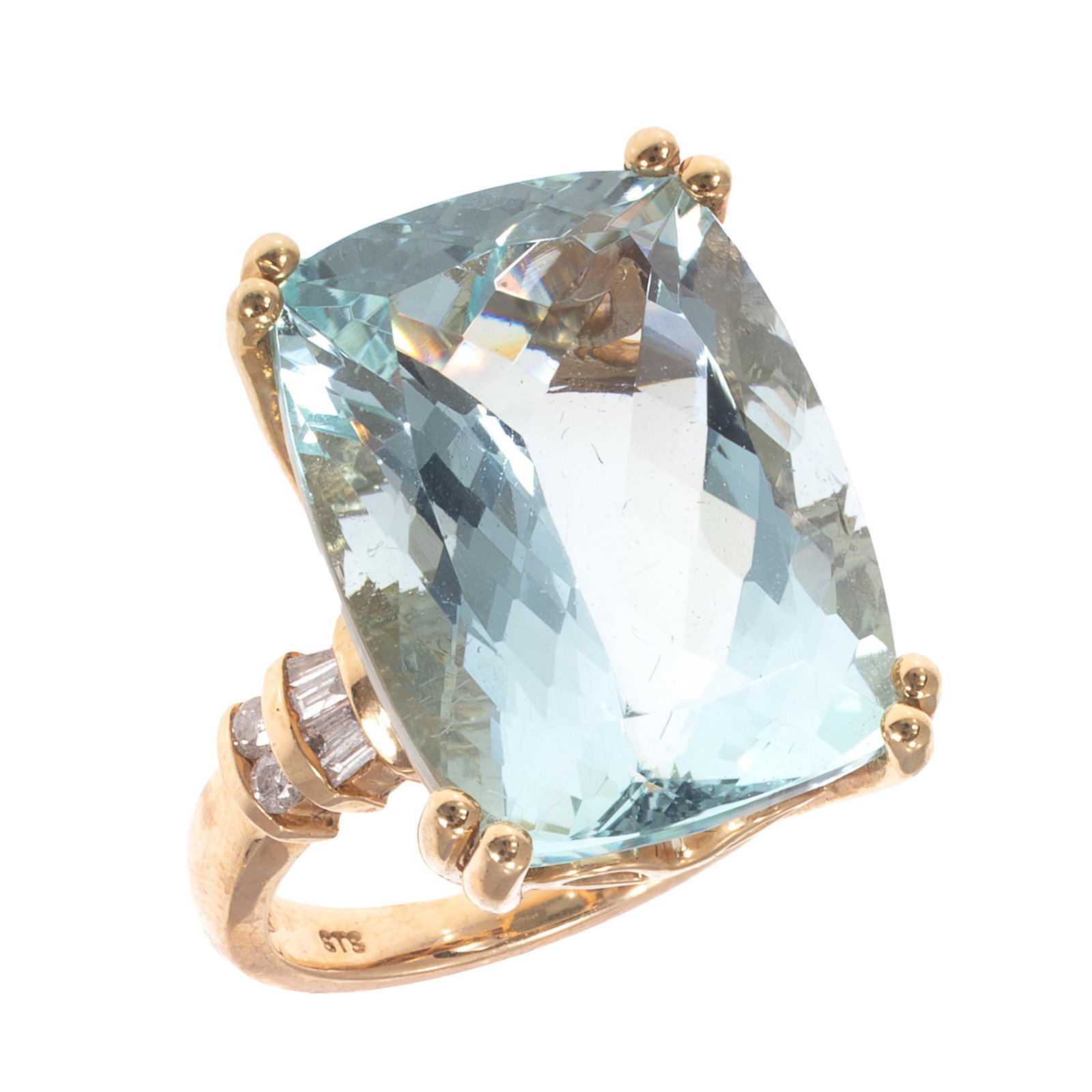 Aquamarine, Diamond, 14k Ring: Aquamarine, Diamond, 14k Ring Featuring rectangular aquamarine weighing approximately 29.0 cts., accented by twelve baguette and round brilliant-cut diamonds weighing a total of approximately 0.22 ctt