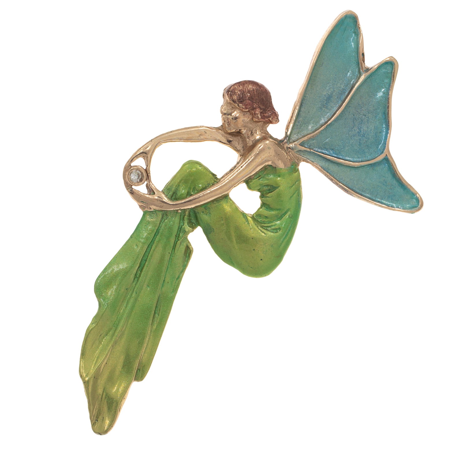 Diamond, Enamel, 14k Fairy Pendant: Diamond, Enamel, 14k Fairy Pendant Designed as a fairy holding one round brilliant-cut diamond weighing approximately 0.02 ct., set in a polychrome enamel, 14k yellow gold pendant mounting measuring a