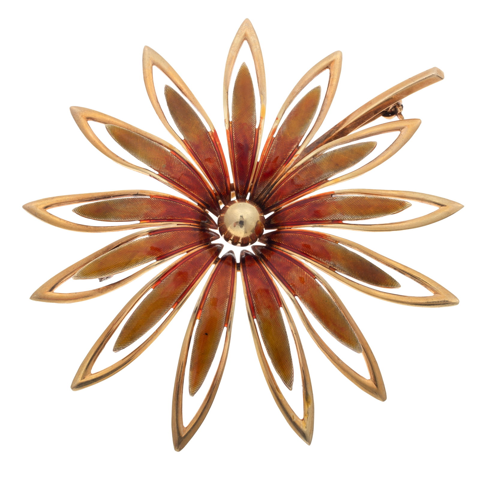 Enamel, 14k Flower Pin, Tiffany & Co.: Enamel, 14k Flower Pin, Tiffany & Co. Designed as a flower, the petals highlighted by enamel, set in a 14k yellow gold pin mounting measuring approximately 2.50 x 2.25 inches. Marked: 'Tiffany & Co., 