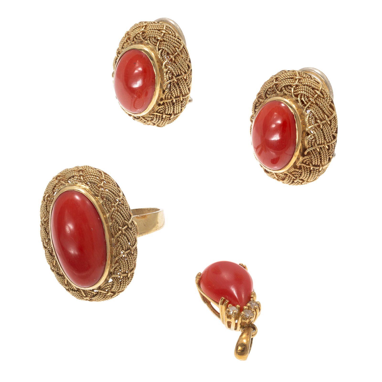 Coral, Diamond, 18k Yellow Gold Jewelry Suite: Coral, Diamond, 18k Yellow Gold Jewelry Suite Including a pendant featuring a pear-shape coral cabochon topped by three single-cut diamonds weighing a total of approximately 0.06 cttw. set in an 18k y