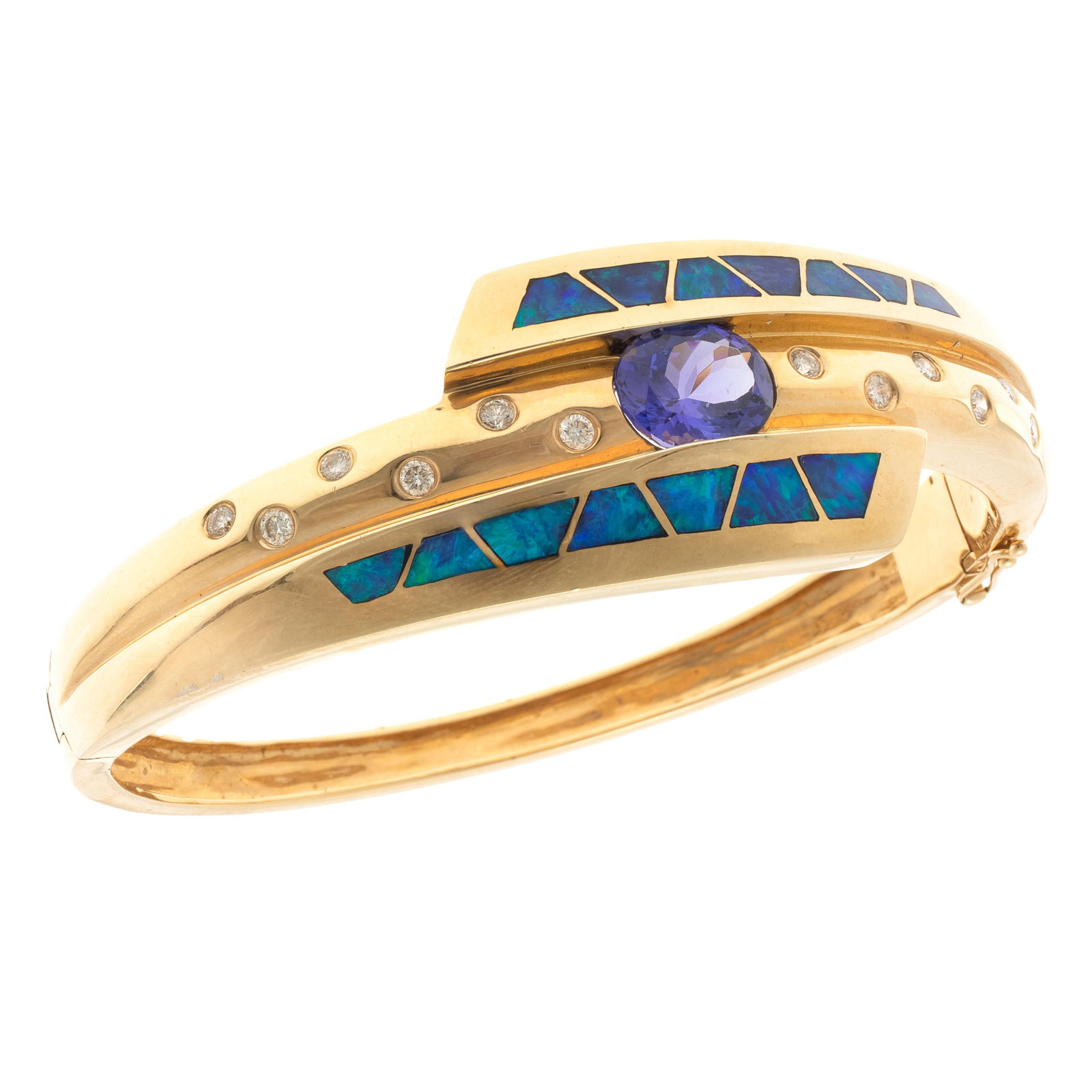 Tanzanite, Diamond, Opal, 14k Yellow Gold Bracelet: Tanzanite, Diamond, Opal, 14k Yellow Gold Bracelet Centering one oval tanzanite weighing approximately 2.45 cts., accented by twelve round brilliant-cut diamonds weighing a total of approximately 0.60