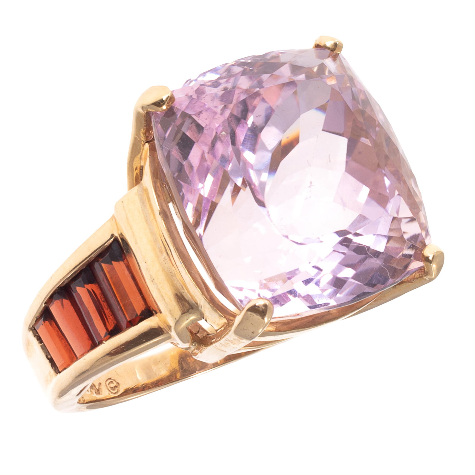 Kunzite, Garnet, 14k Yellow Gold Ring: Kunzite, Garnet, 14k Yellow Gold Ring Featuring a cushion-shape kunzite weighing approximately 22.94 cts., accented by eight step-cut spessartine garnets weighing a total of approximately 1.50 cttw.,