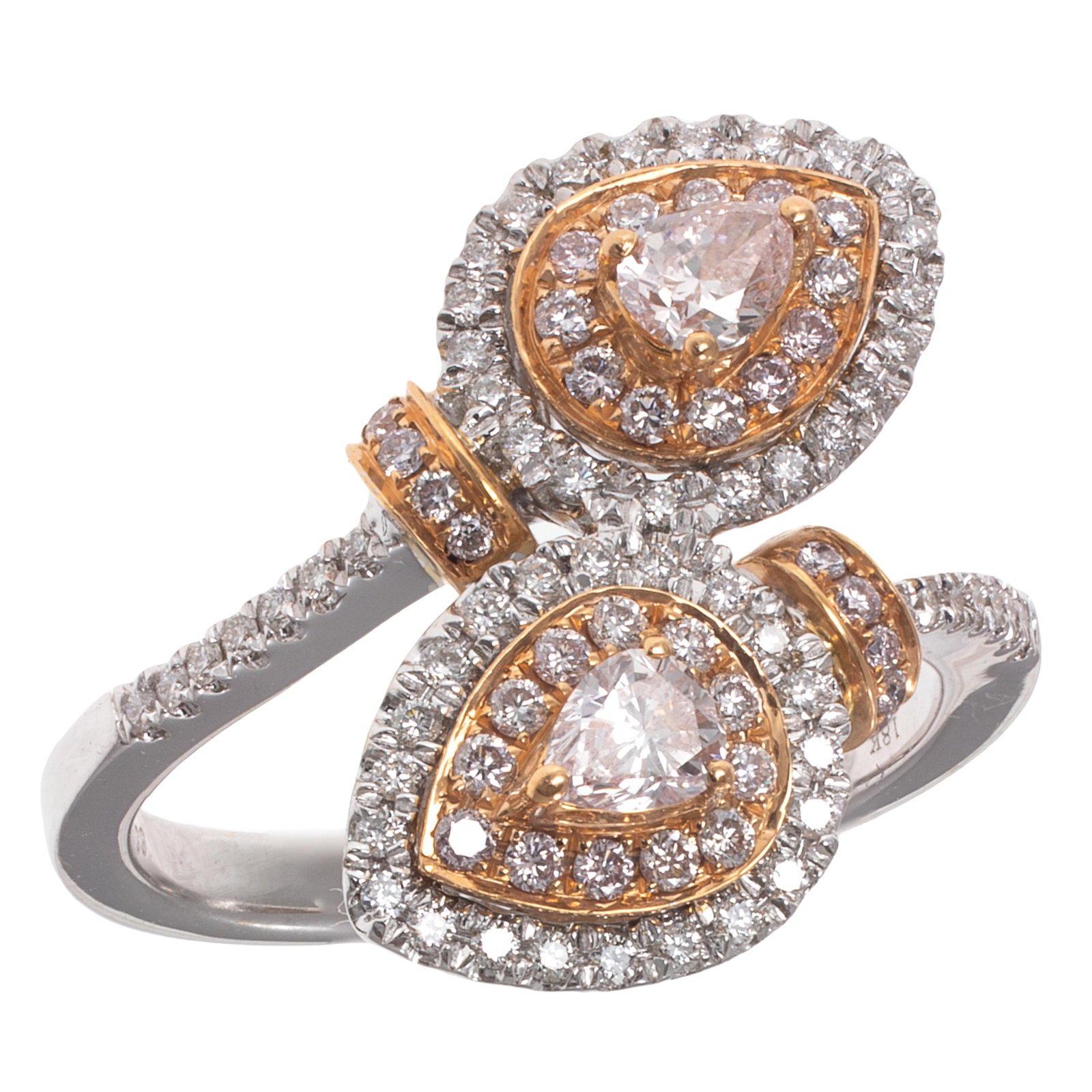 Colored Diamond, Diamond, 18k Ring: Colored Diamond, Diamond, 18k Ring Featuring two light pink pear-shape diamonds weighing a total of approximately 0.33 cttw., accented by ninety-two round brilliant-cut diamonds weighing a total of