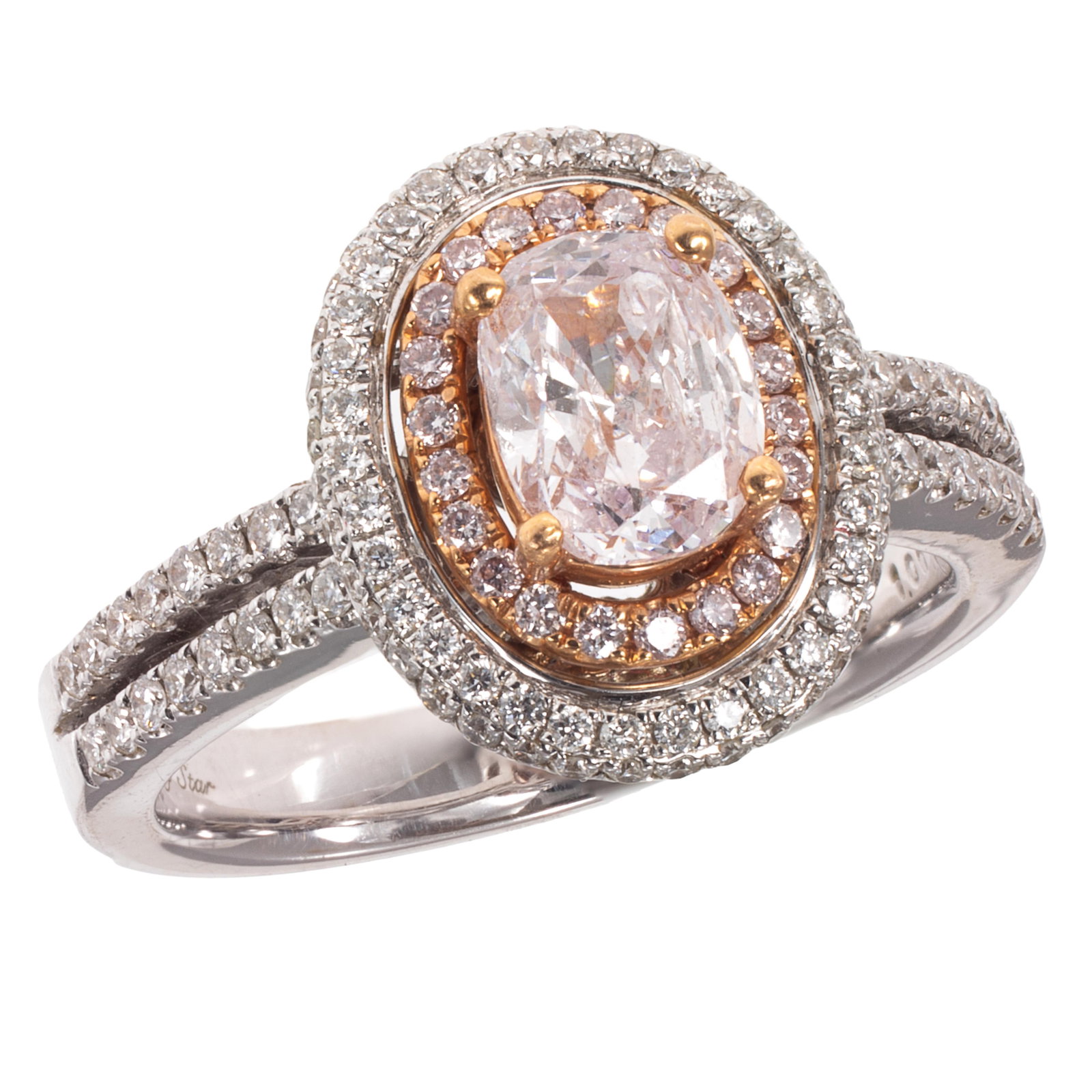 Diamond, 18k White and Rose Gold Ring: Diamond, 18k White and Rose Gold Ring Centering one oval-cut diamond measuring approximately 6.64 x 5.25 mm., accented by numerous round brilliant-cut diamonds weighing a total of approximately 0.64