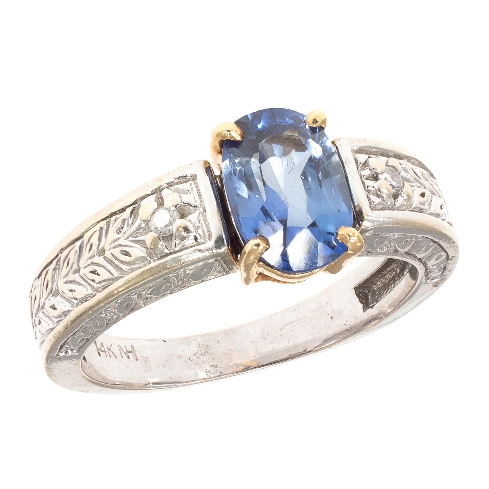 Sapphire, Diamond, 14k White and Yellow Gold Ring: Sapphire, Diamond, 14k White and Yellow Gold Ring Centering an oval-cut sapphire weighing approximately 1.67 ct., accented by two round brilliant-cut diamonds weighing a total of approximately 0.03