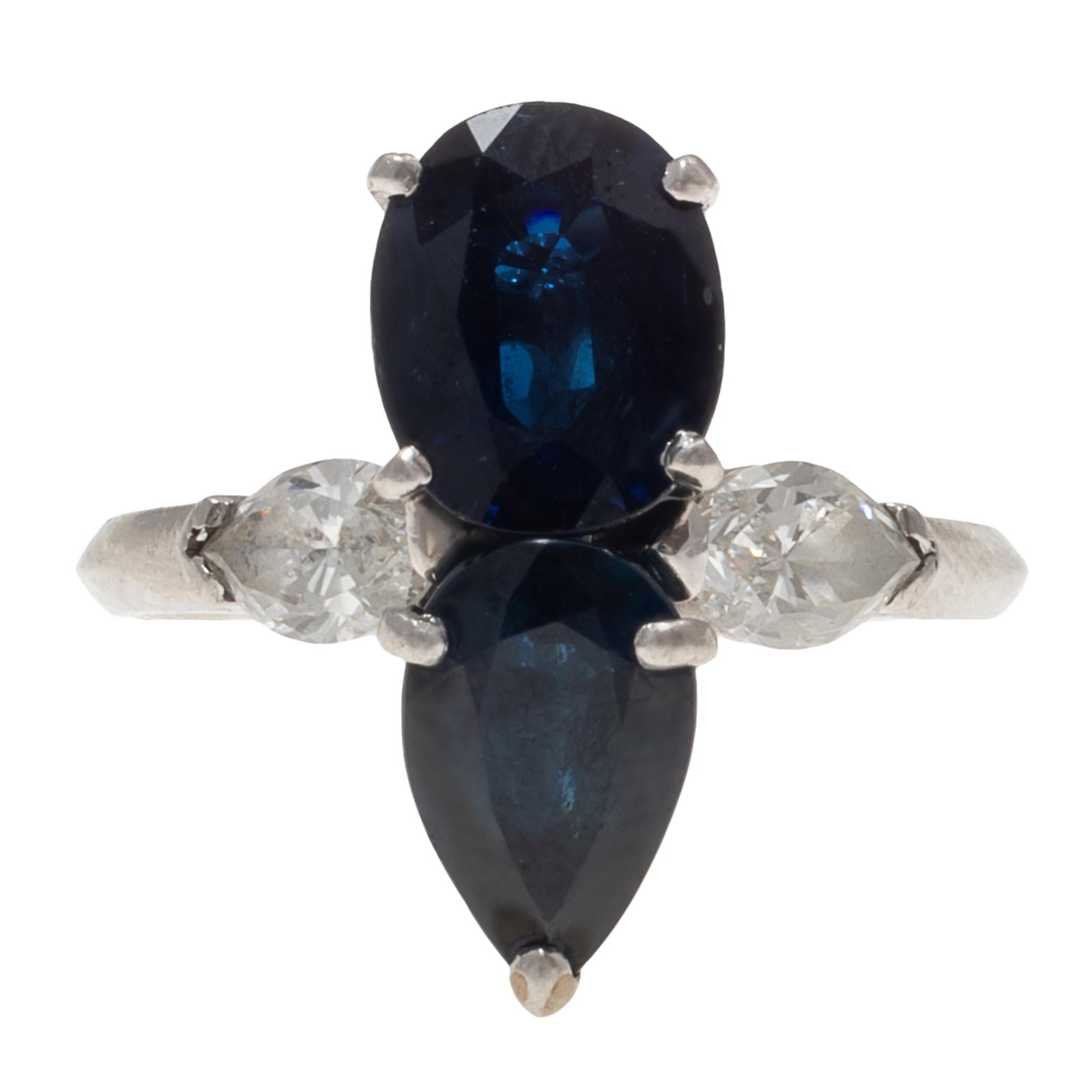 Sapphire, Diamond, Platinum Ring, Mauboussin: Sapphire, Diamond, Platinum Ring, Mauboussin Featuring one pear-shape sapphire weighing approximately 1.15 ct. and one oval-shape sapphire weighing approximately 1.70 ct., accented by two
