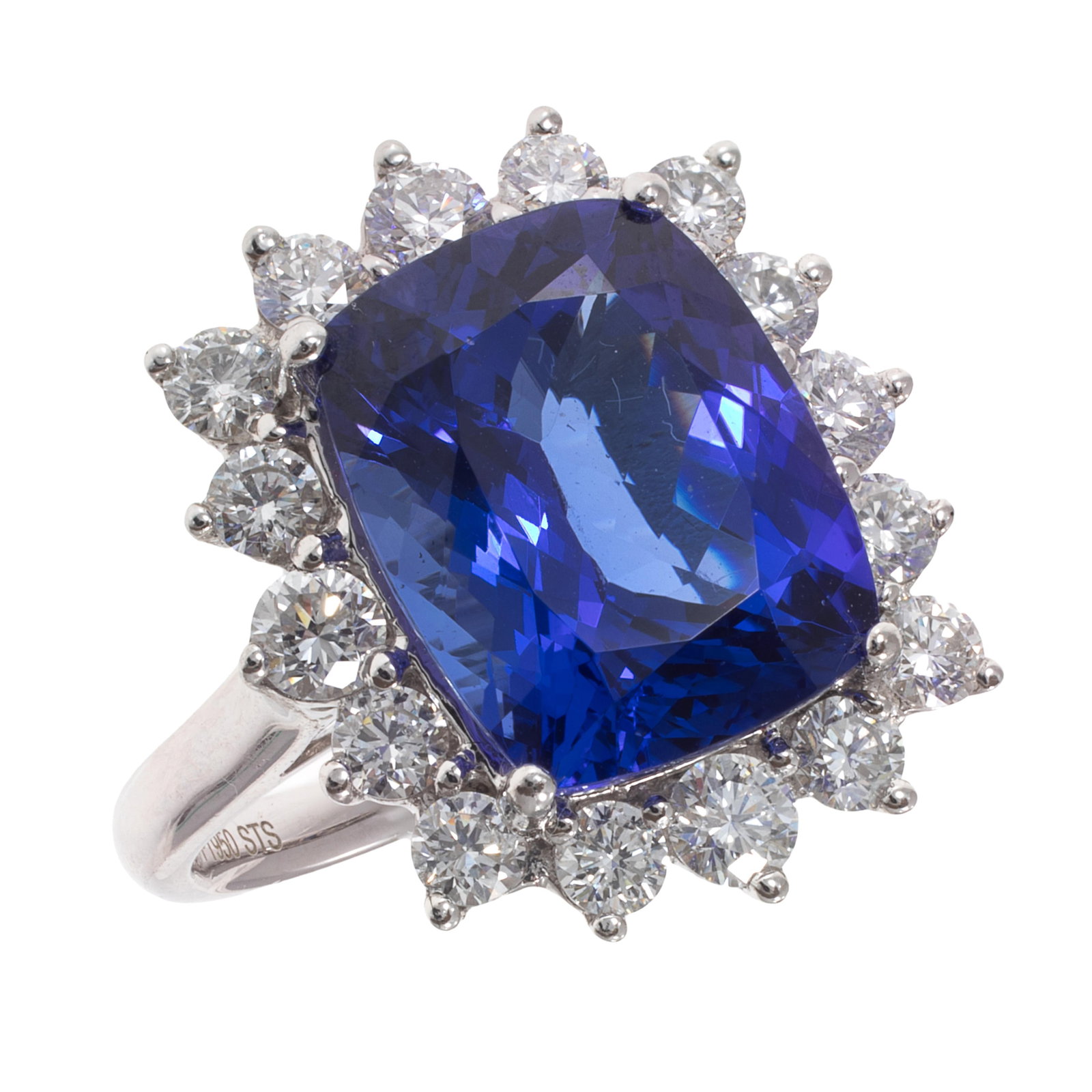 Tanzanite, Diamond, Platinum Ring: Tanzanite, Diamond, Platinum Ring Featuring a cushion-shape tanzanite weighing approximately 6.60 cts., accented by sixteen round brilliant-cut diamonds weighing a total of approximately 1.25 cttw.,