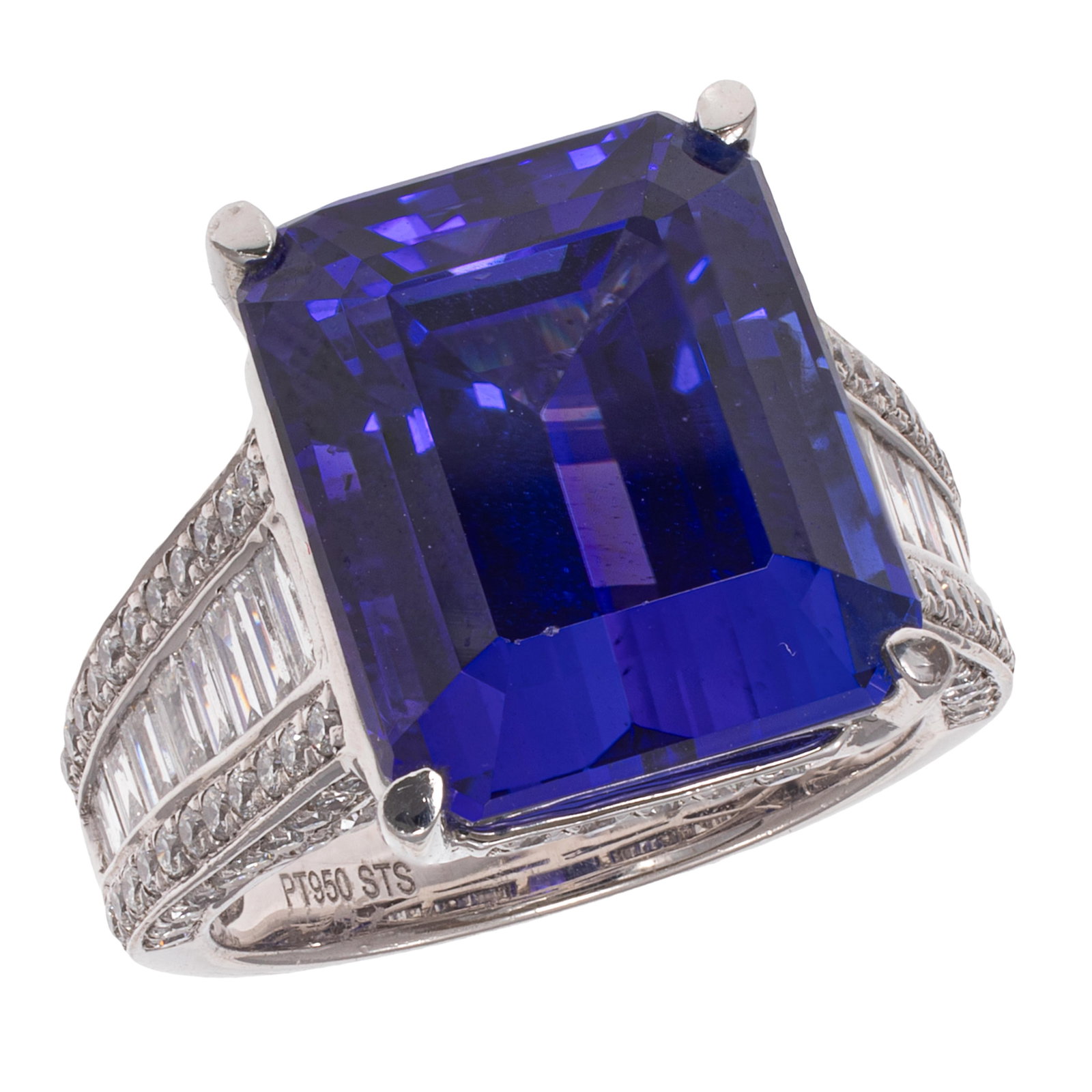 Tanzanite, Diamond, Platinum Ring: Tanzanite, Diamond, Platinum Ring Centering a rectangular step-cut tanzanite weighing approximately 16.90 cts., accented by eighteen baguette-cut and one hundred-ten round brilliant-cut diamonds