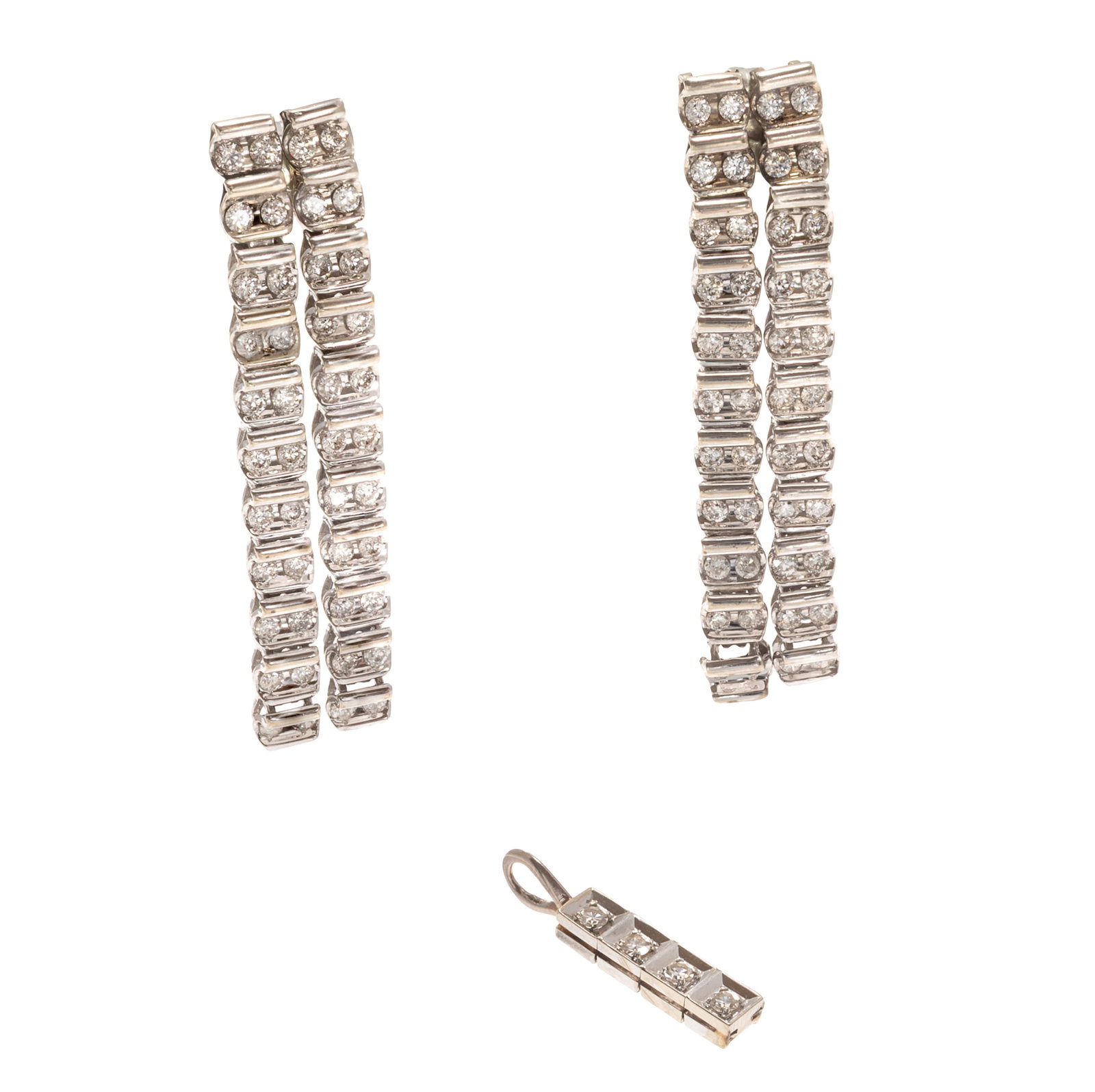 Diamond, 14k White Gold Jewelry Suite: Diamond, 14k White Gold Jewelry Suite Including a pair of earrings, each featuring forty-four round brilliant-cut diamonds weighing a total of approximately 0.88 cttw., set in an articulated, 14k