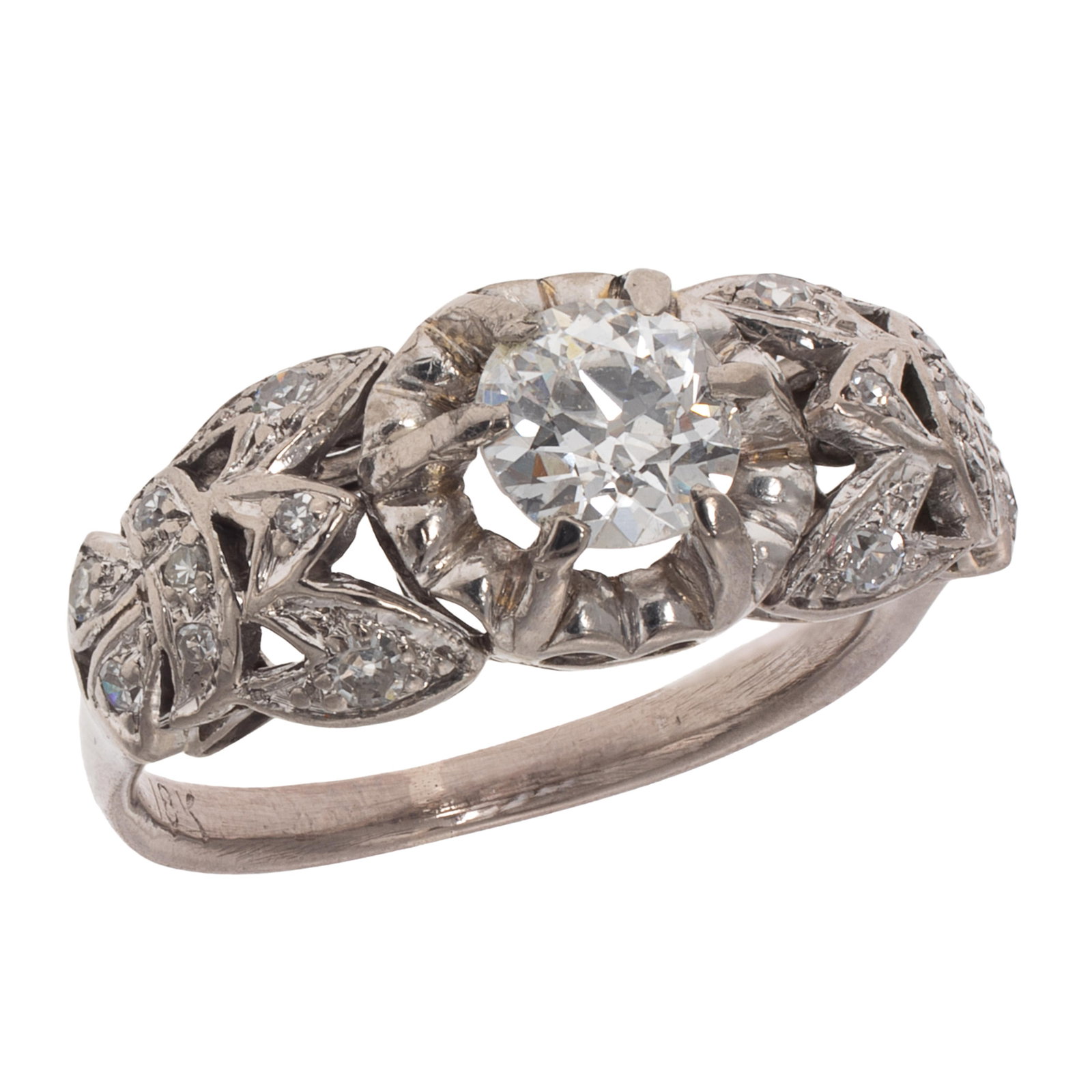 Diamond, 18k White Gold Ring: Diamond, 18k White Gold Ring Centering one transitional-cut diamond weighing approximately 0.53 ct., accented by sixteen single-cut diamonds weighing a total of approximately 0.12 cttw., set in an