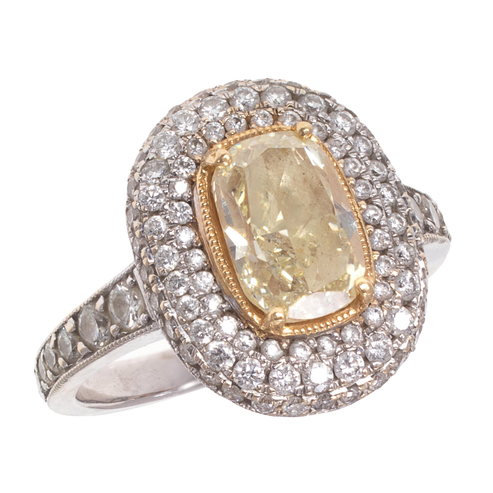 Colored Diamond, Diamond, 18k White Gold Ring: Colored Diamond, Diamond, 18k White Gold Ring Centering a cushion-shape yellow diamond measuring approximately 9.15 x 6.16 mm, accented by sixty-eight round brilliant-cut diamonds weighing a total of