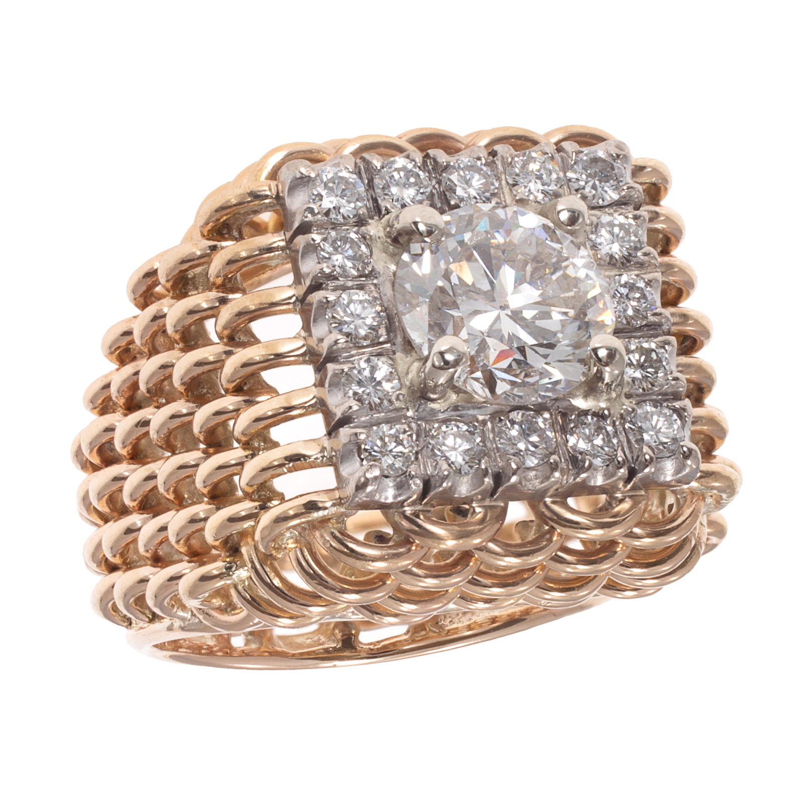 Diamond, 14k Yellow and White Gold Ring: Diamond, 14k Yellow and White Gold Ring Centering one round brilliant-cut diamond weighing approximately 1.38 ct., accented by sixteen round brilliant-cut diamonds weighing a total of approximately