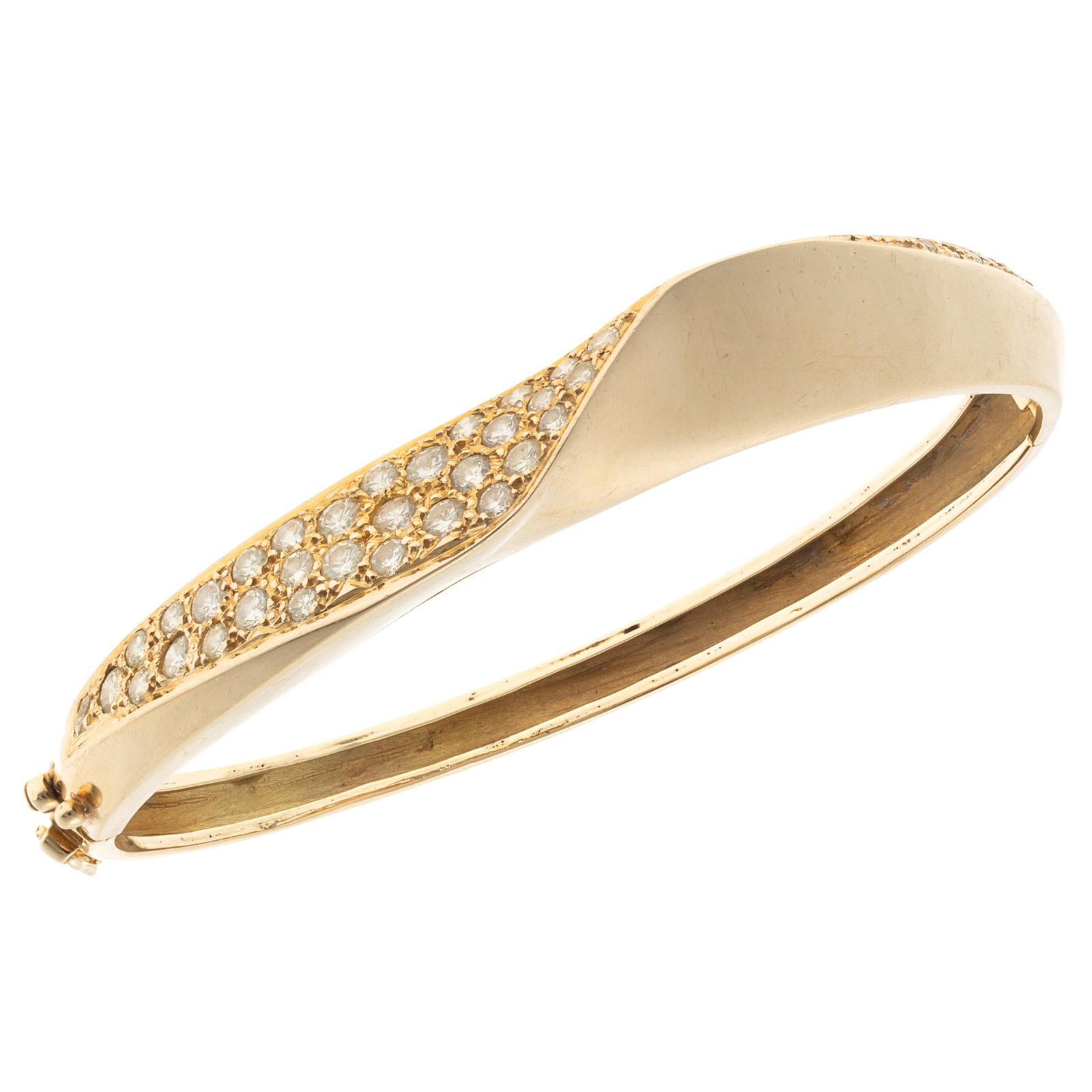 Diamond, 14k Yellow Gold Bracelet: Diamond, 14k Yellow Gold Bracelet Featuring thirty-one round brilliant-cut diamonds weighing a total of approximately 1.70 cttw., set in a 14k yellow gold, hinged mounting completed by a tongue-and-gr
