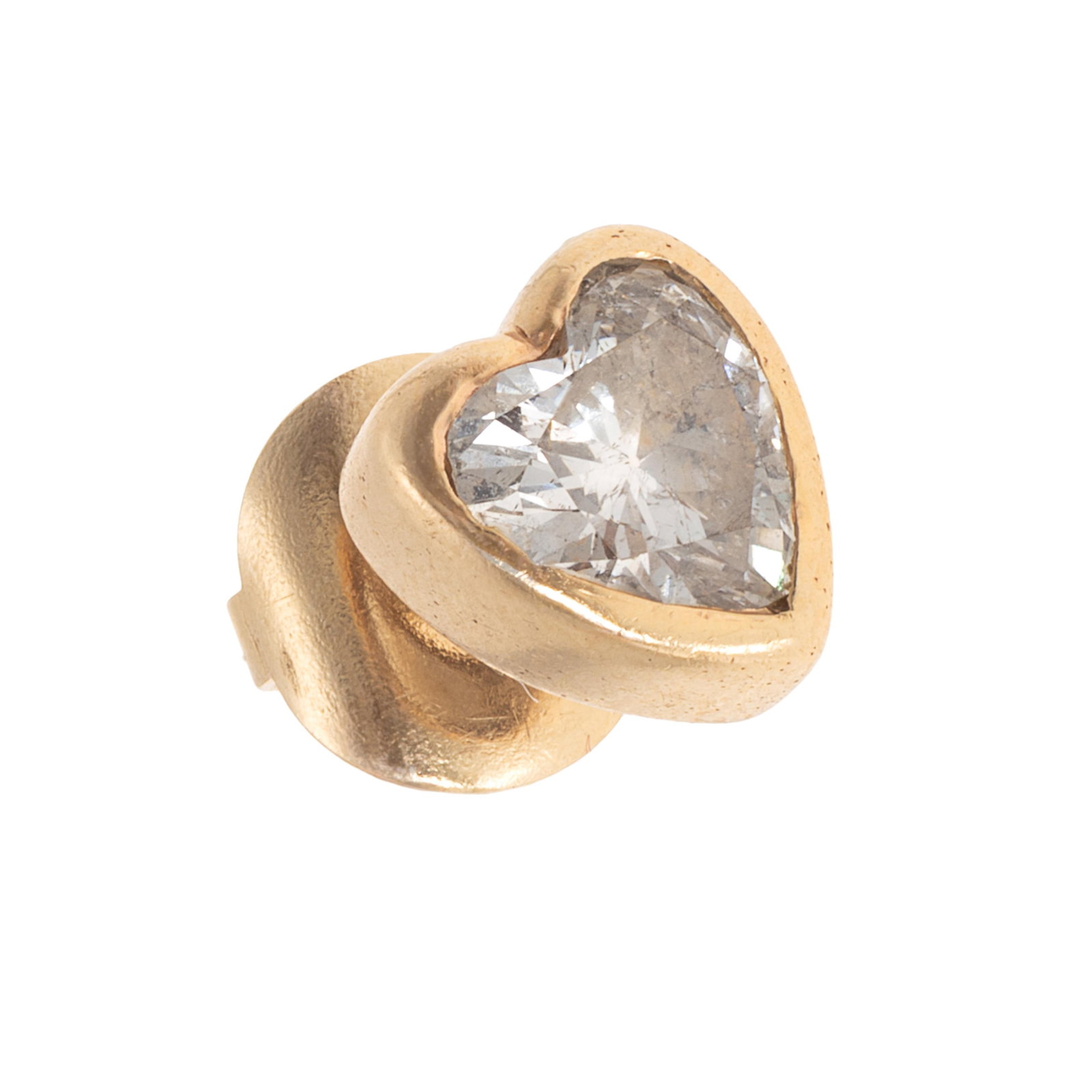 Single Diamond, 14k Yellow Gold Earring: Single Diamond, 14k Yellow Gold Earring Featuring a heart-shaped diamond weighing approximately 0.79 ct., set in a 14k yellow gold post-style earring mounting. Gross weight: 1.6 grams.