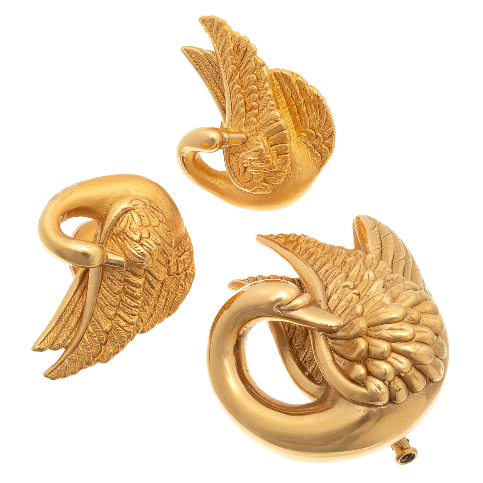 Charles Garnier, 18k 'Swan' Jewelry Suite: Charles Garnier, 18k 'Swan' Jewelry Suite Designed as a swan, including a pin measuring approximately 1.50 x 1.25 inches; together with a pair of matching earrings, each measuring approximately 1.15 x