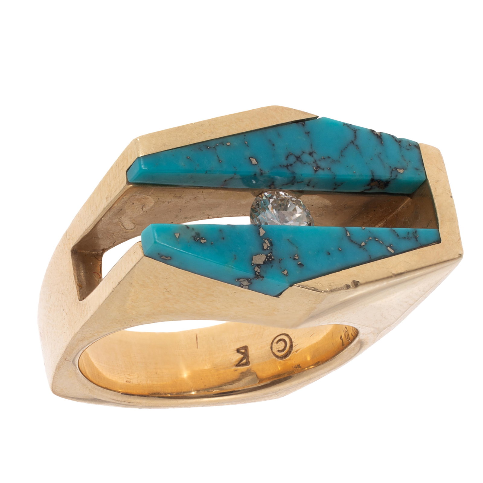 Modernist Diamond, Turquoise, 14k Ring: Modernist Diamond, Turquoise, 14k Ring Centering one round brilliant-cut diamond weighing approximately 0.33 ct., framed by two geometric-cut turquoise, set in a 14k yellow gold ring mounting, size 7 