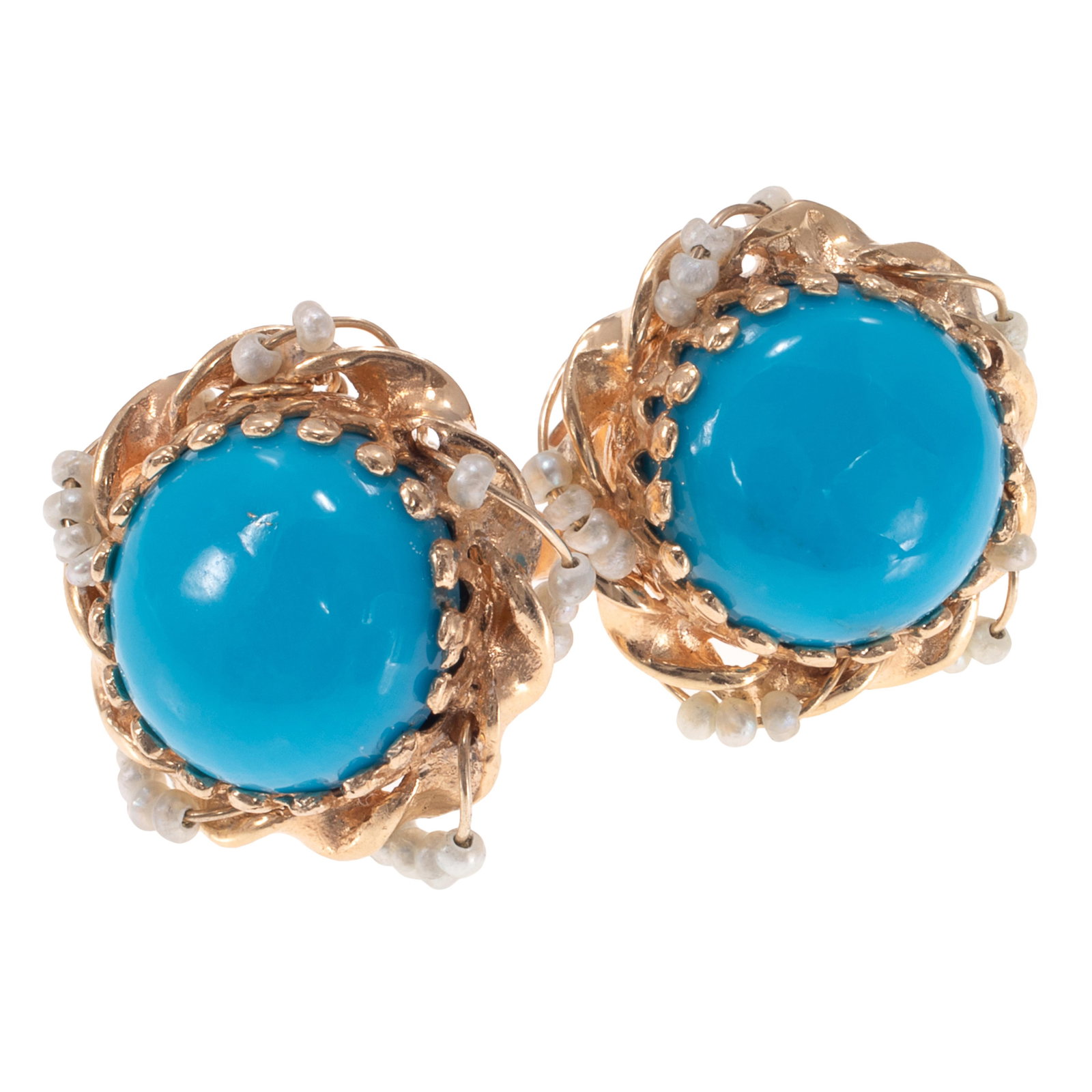Pair of Turquoise, Seed Pearl, 14k Yellow Gold Earrings (1 of 5)