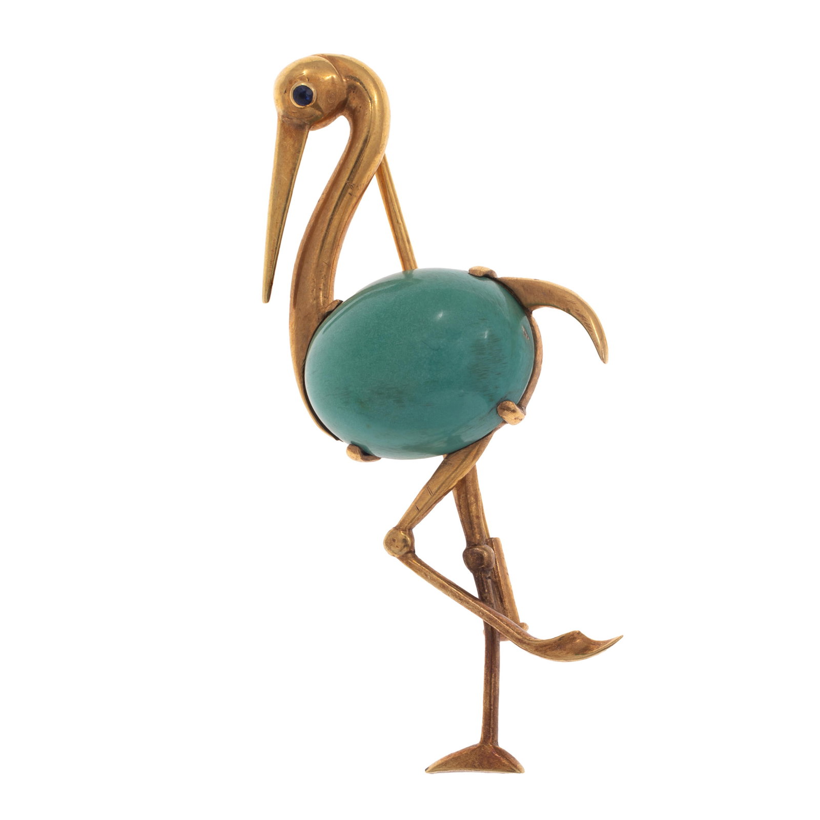 Turquoise, Sapphire, 18k Yellow Gold Flamingo Pin: Turquoise, Sapphire, 18k Yellow Gold Flamingo Pin Designed as a flamingo, the body one oval turquoise cabochon, the eye one round-cut sapphire, set in an 18k yellow gold pin mounting measuring approxi