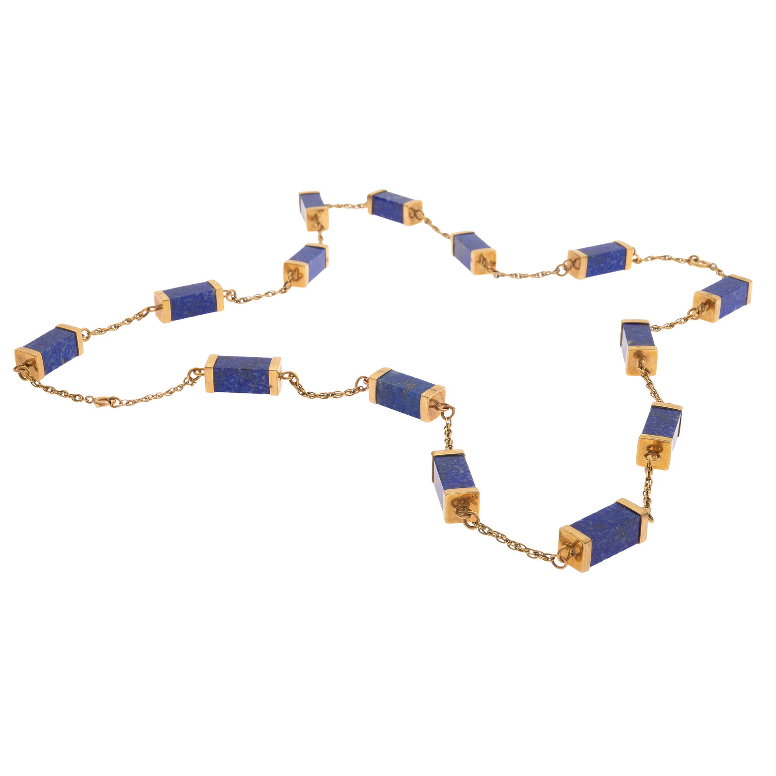 Lapis Lazuli, 14k Yellow Gold Necklace: Lapis Lazuli, 14k Yellow Gold Necklace Composed of fourteen lapis lazuli stations, each measuring approximately 19.0 x 8.0 mm, joined by 14k yellow gold chain, completed by a spring ring clasp forming