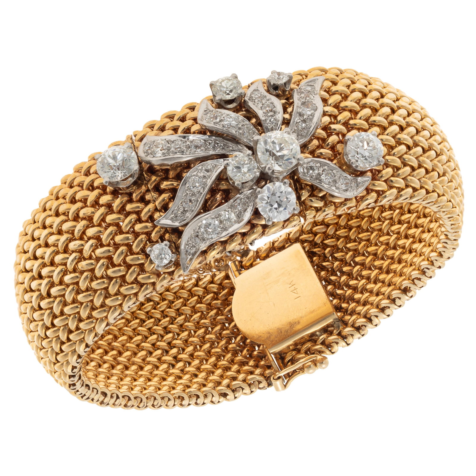 Geneve Diamond, 14k Hidden Watch Bracelet: Geneve Diamond, 14k Hidden Watch Bracelet Designed with a spray of thirty-eight transitional and brilliant-cut diamonds weighing a total of approximately 3.25, set in a 14k yellow gold mesh link brace