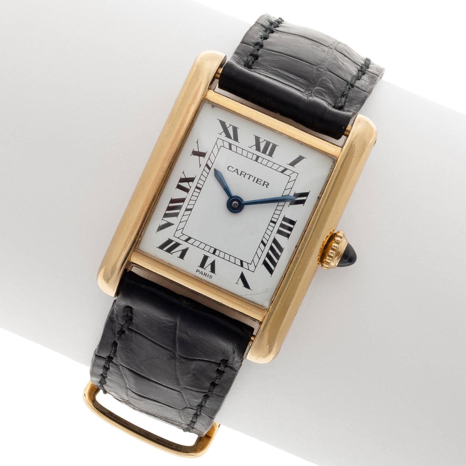 Ladies Cartier 18k Yellow Gold Tank Louis Wristwatch: Ladies Cartier 18k Yellow Gold Tank Louis Wristwatch DIAL: Rectangle, white, black Roman numeral hour markers, black inner minutes track, blued baton hands, Cartier, Swiss. MOVEMENT: Manual wind (case