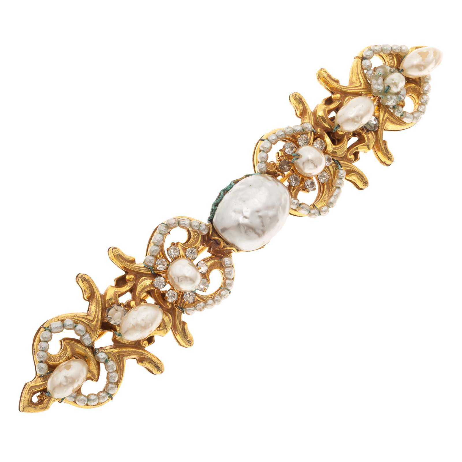 Miriam Haskell Simulated Pearl, Rhinestone Bar Pin: Miriam Haskell Simulated Pearl, Rhinestone Bar Pin Featuring numerous baroque cultured pearls accented by colorless rhinestones, set in a gold-tone bar pin measuring approximately 4.60 x 1.00 inches. 