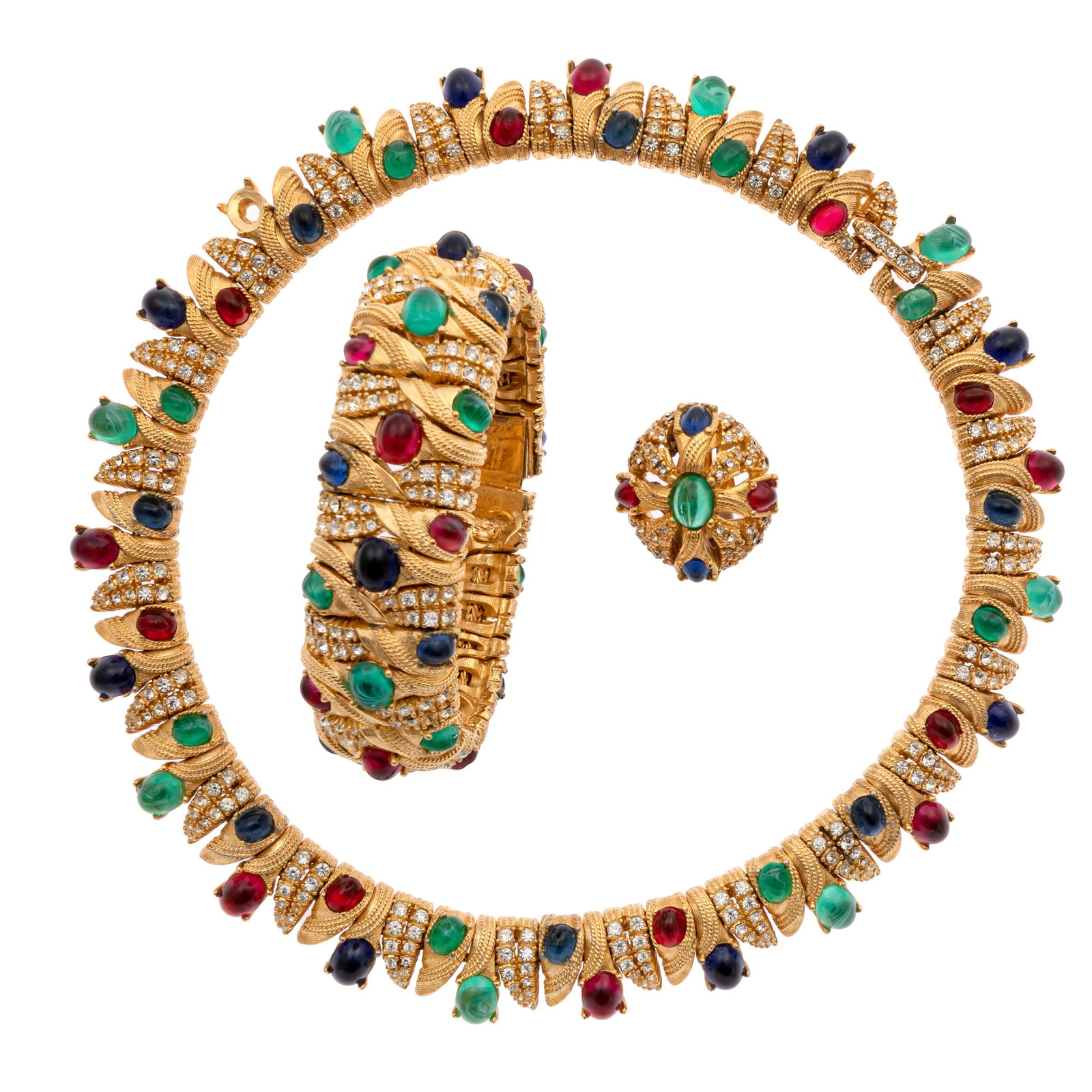 Glass, Rhinestone Jewelry Suite, Ciner: Glass, Rhinestone Jewelry Suite, Ciner All featuring red, green and blue glass cabochons accented by rhinestones set in gold-tone metal, including a necklace measuring approximately 15.0 mm (0.60 in)