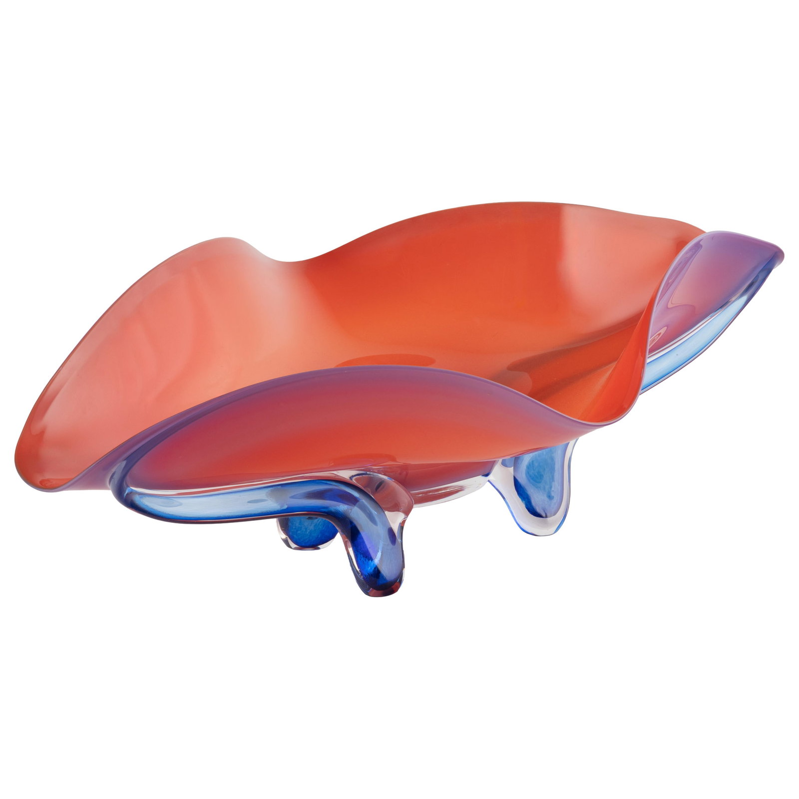 Art Glass Bowl: Art Glass Bowl Of organic serpentine form with blue glass supporting and reflecting into the orange bowl. 9in (23cm) h. 28in (71cm) l 15in (39cm) l.
