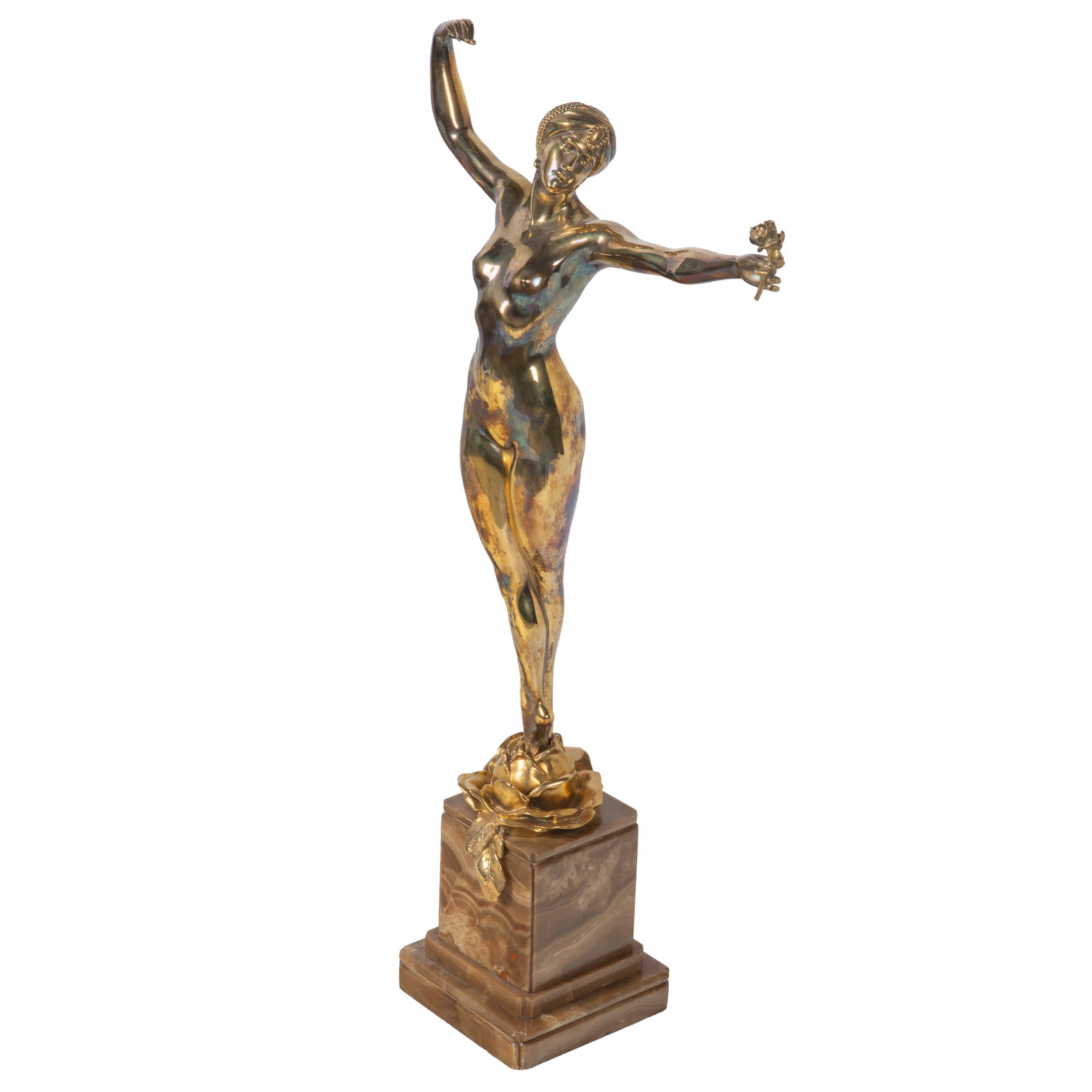 Maurice Guiraud-Riviere (French, 1881-1947)., Bronze sculpture: Maurice Guiraud-Riviere (French, 1881-1947). Bronze sculpture 'Rose of Baghdad.' The nude woman on pointe, her arms in fourth position standing on a rose blossom. Signed on base. On a stone pedestal